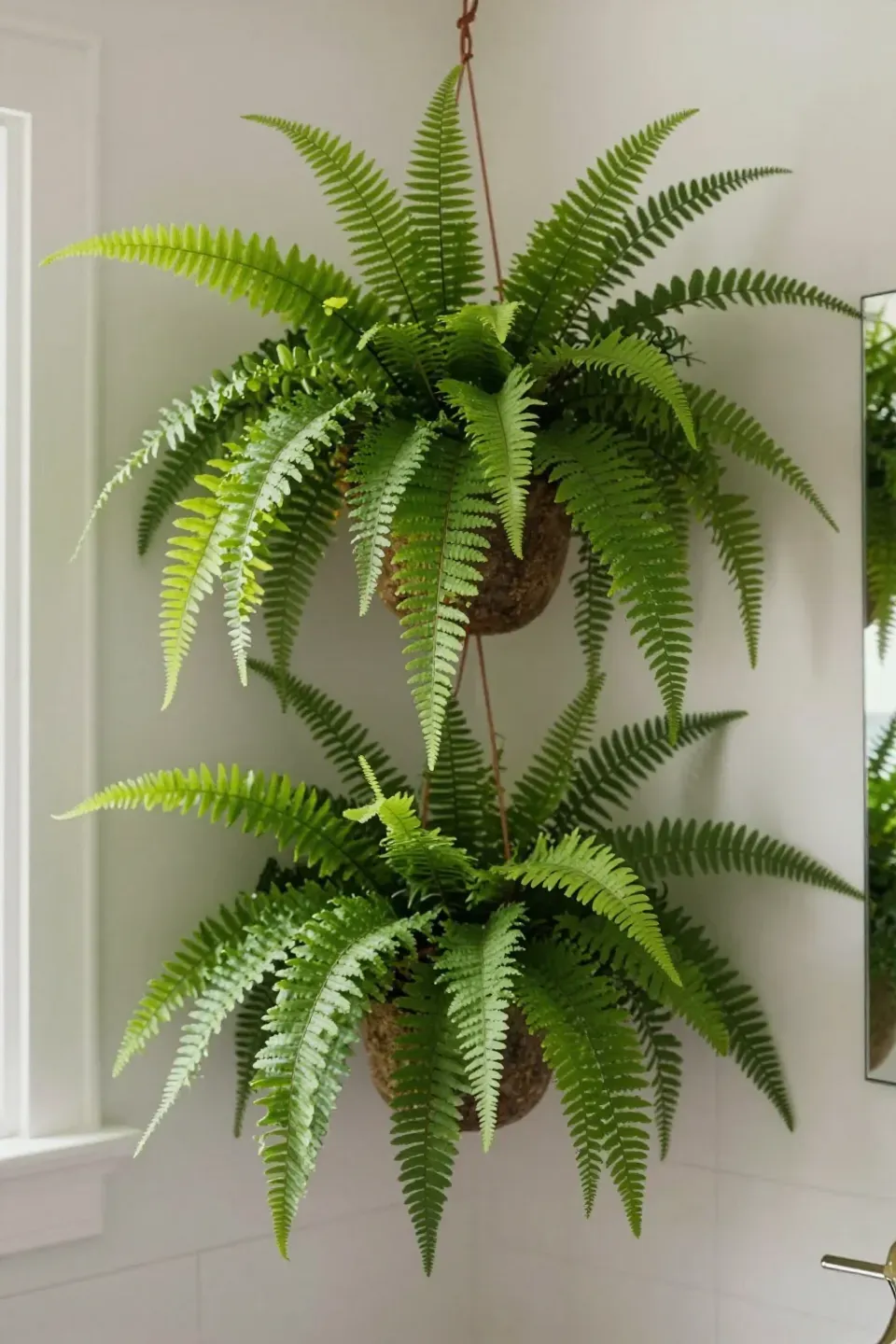 Lush ferns displayed in hanging baskets in a bathroom corner.