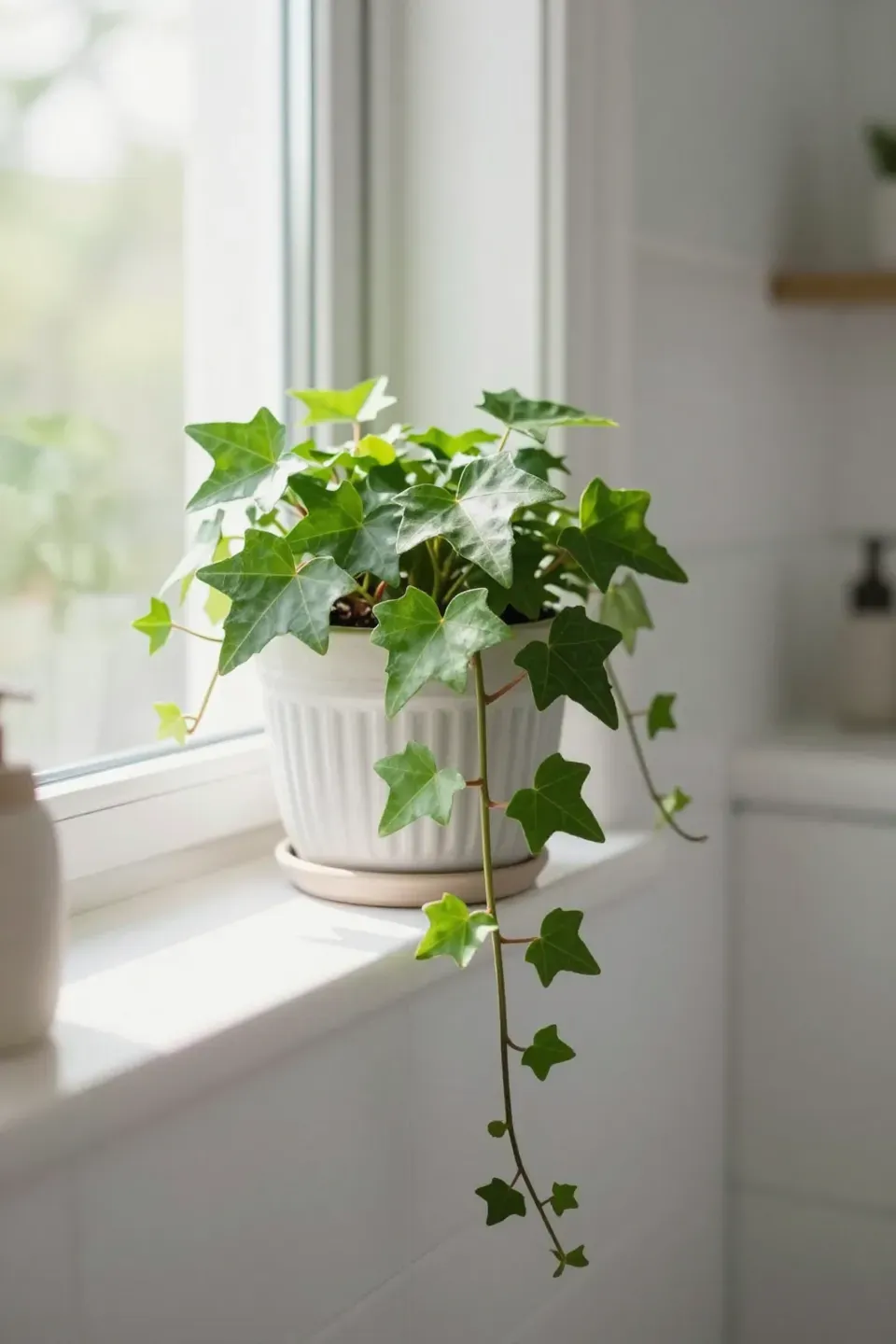 A charming trailing ivy plant positioned on a bathroom windowsill.