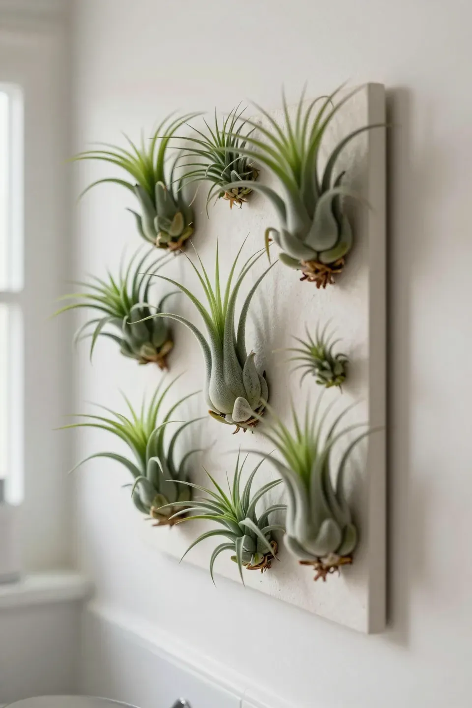 Unique air plants creatively attached to decorative wall art in a bathroom.