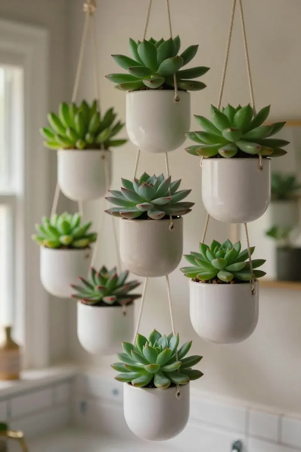 Colorful succulents displayed in decorative hanging containers in a bathroom.