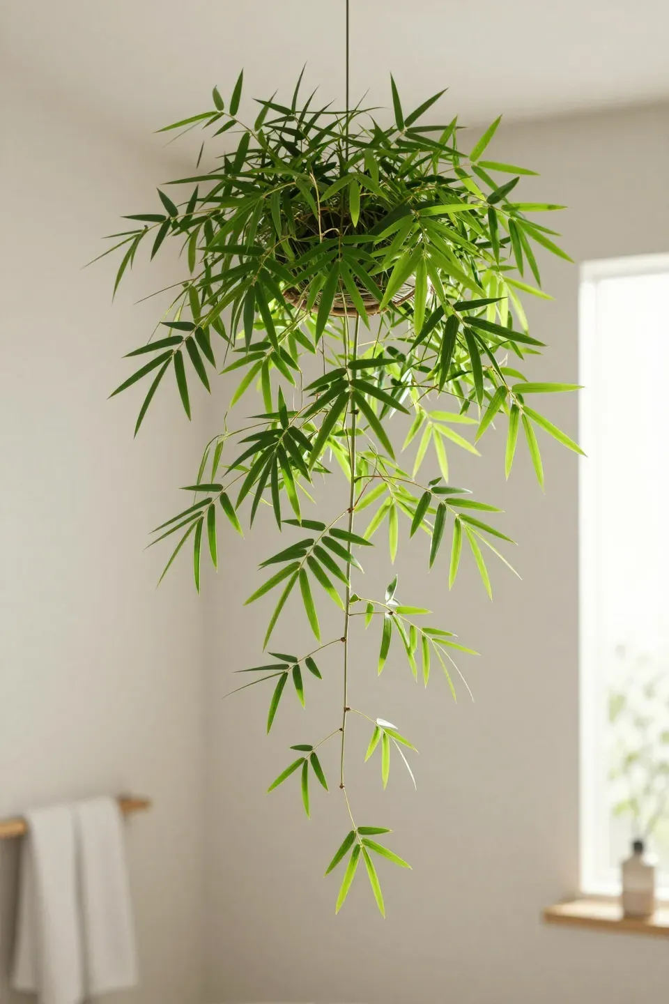 A high-hanging pot with a lush bamboo plant in a softly lit bathroom.