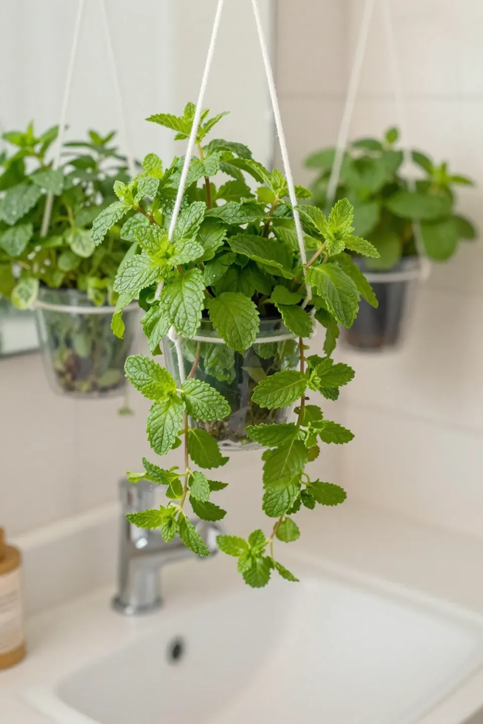 Hanging planters with fresh herbs like mint and basil near a bathroom sink.