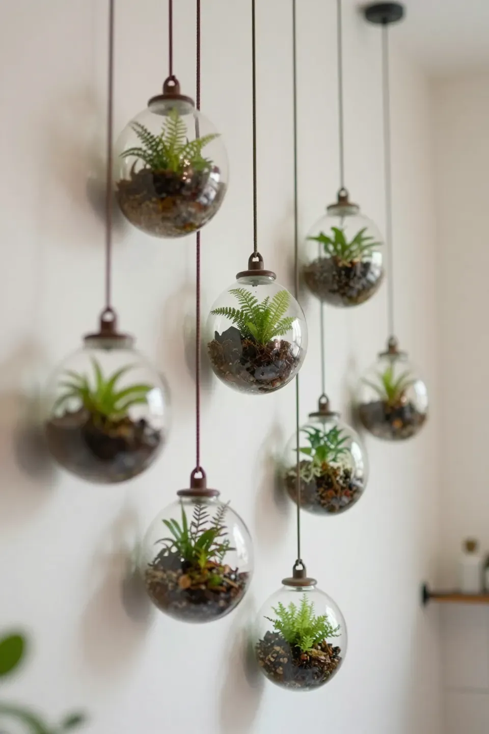 Hanging terrariums filled with plants, creating a stylish bathroom decor.