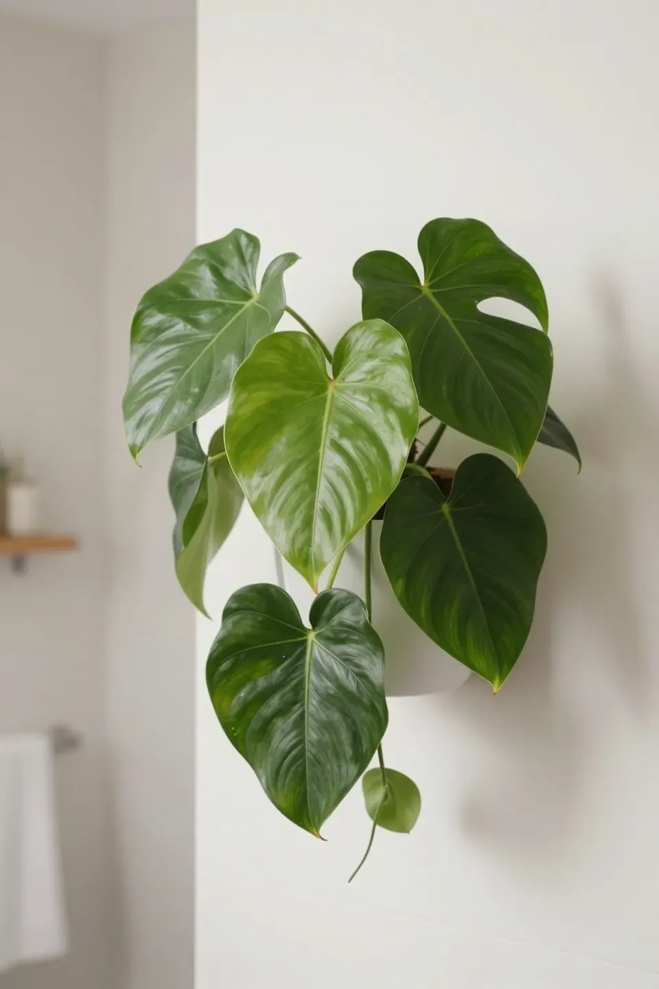 A Philodendron plant in a wall-mounted planter, thriving in a modern bathroom.