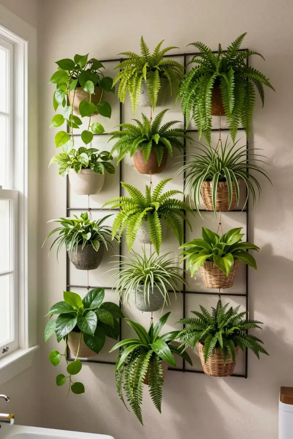 A vibrant vertical garden with various hanging plants in a bathroom setting.