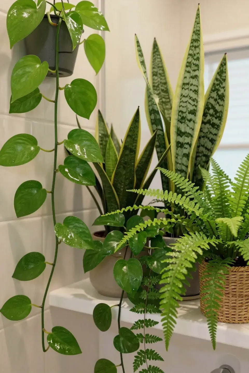 A vibrant collection of various indoor plants arranged in a bathroom.