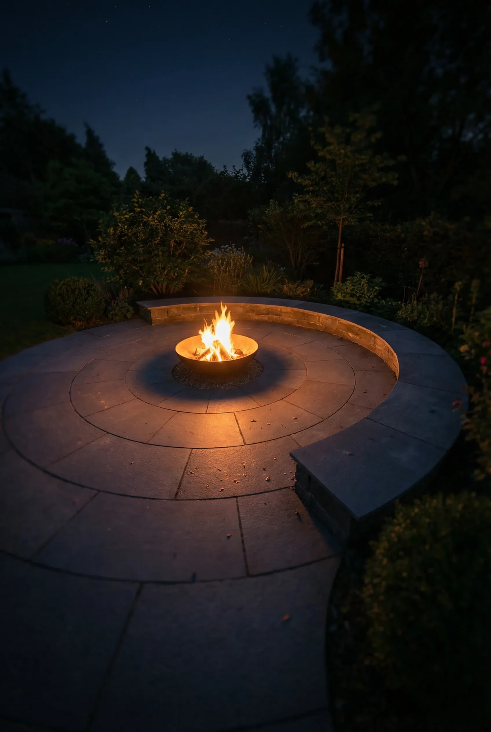 Curved flat stone patio at night with a glowing fire bowl as the central feature.