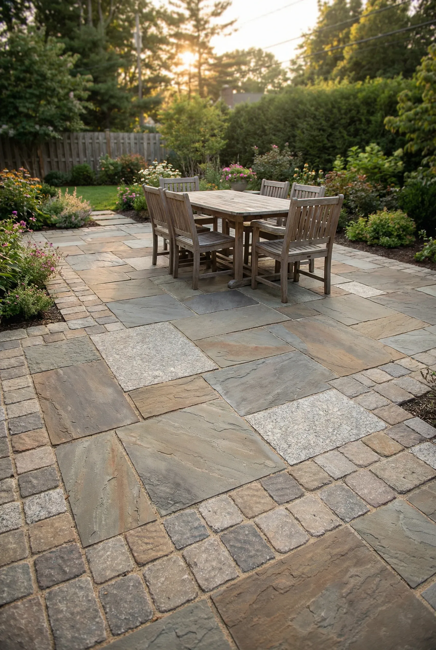 Mixed-size paver patio defining a backyard outdoor dining area with varied stone textures.