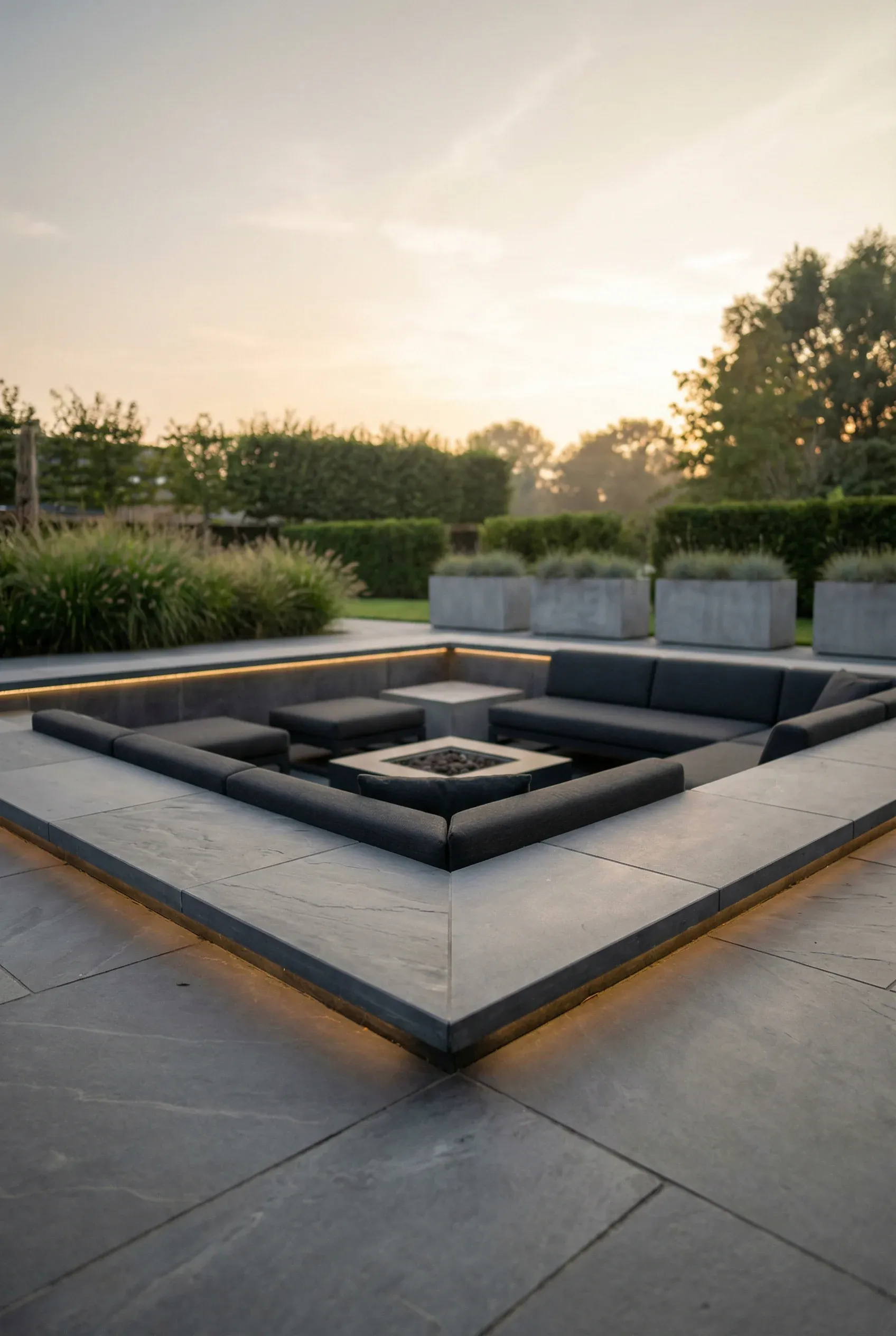 Smooth slate stones forming a modern framed lounge area in a quiet backyard.