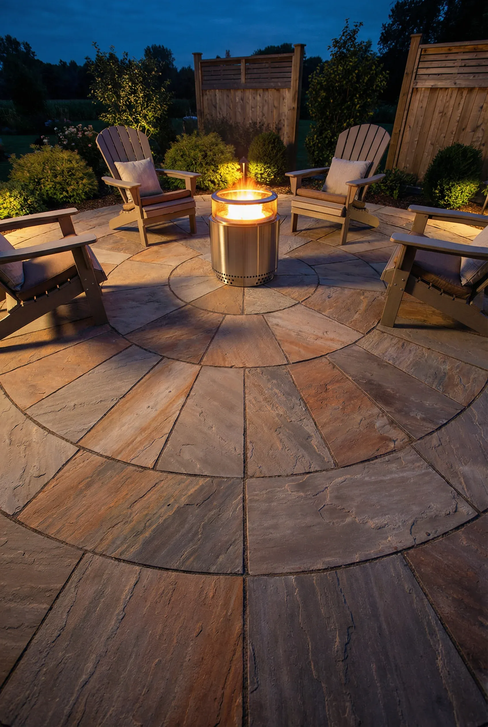 Circular paver layout with a portable heater glowing at the center in a backyard.