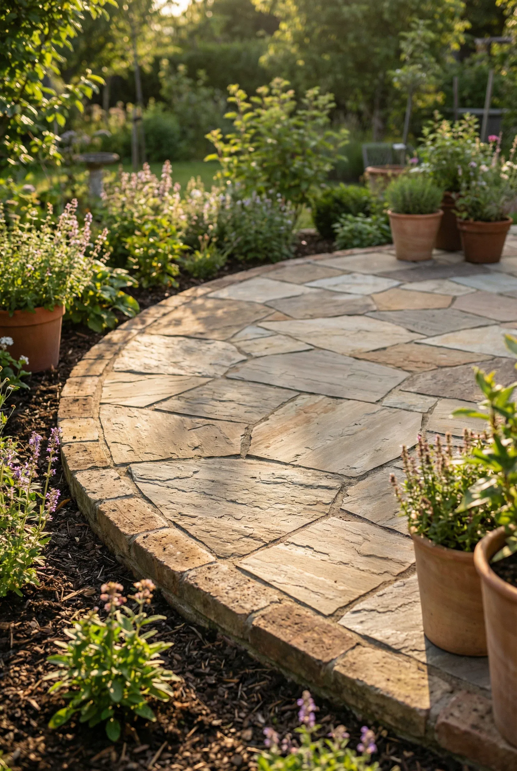 A bordered flat stone patio with low edging and natural garden surroundings in soft golden light.