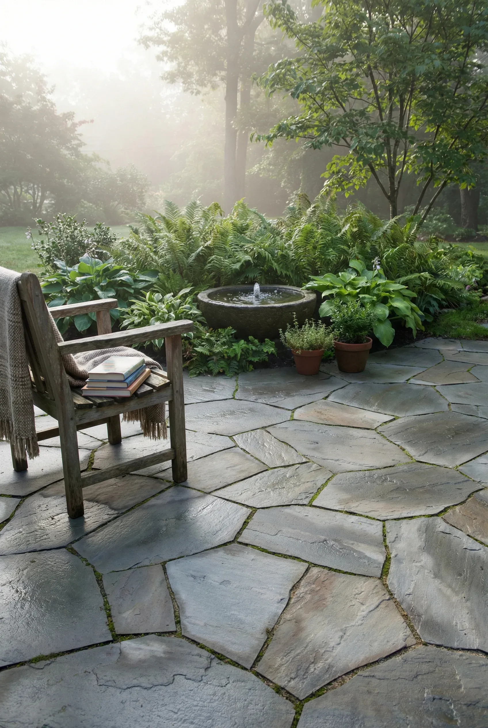 A tight-fit flagstone patio forming a cozy reading nook beside plants and a small water feature.