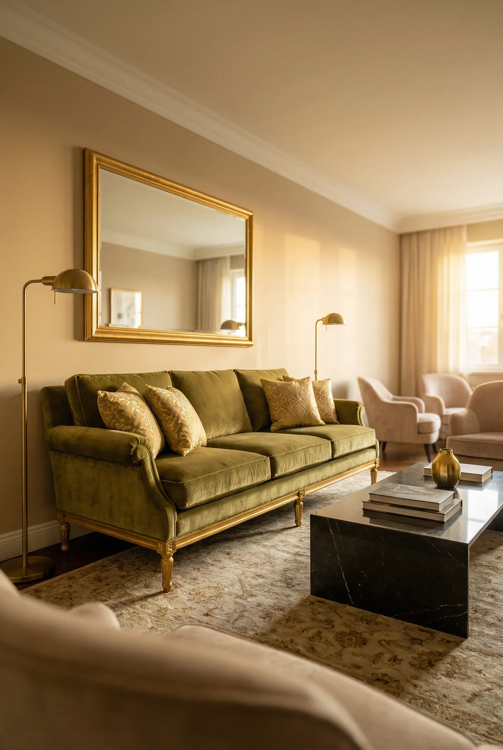 Luxurious olive green velvet sofa with gold accents in an elegant living room.