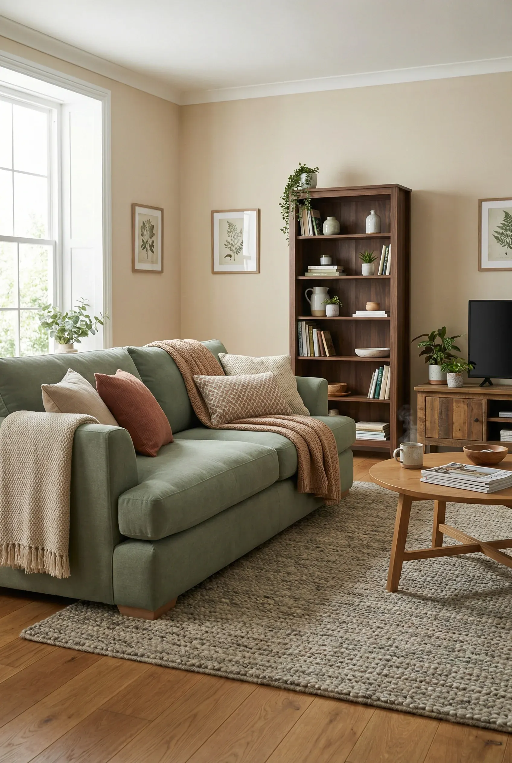Cozy sage green sofa with warm wood tones in an inviting living room.