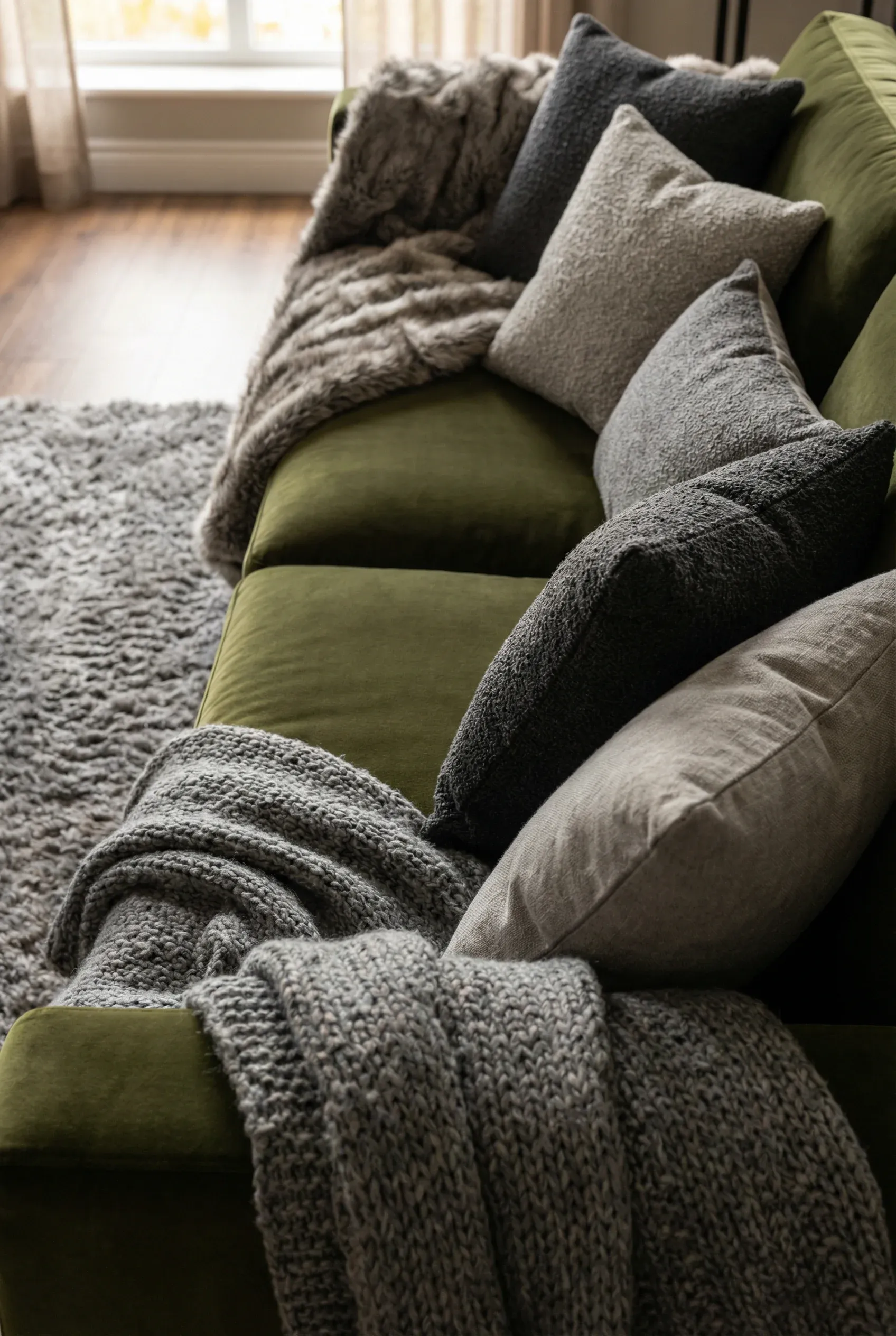 Olive green sofa layered with soft grey throws and cushions in a modern living room.