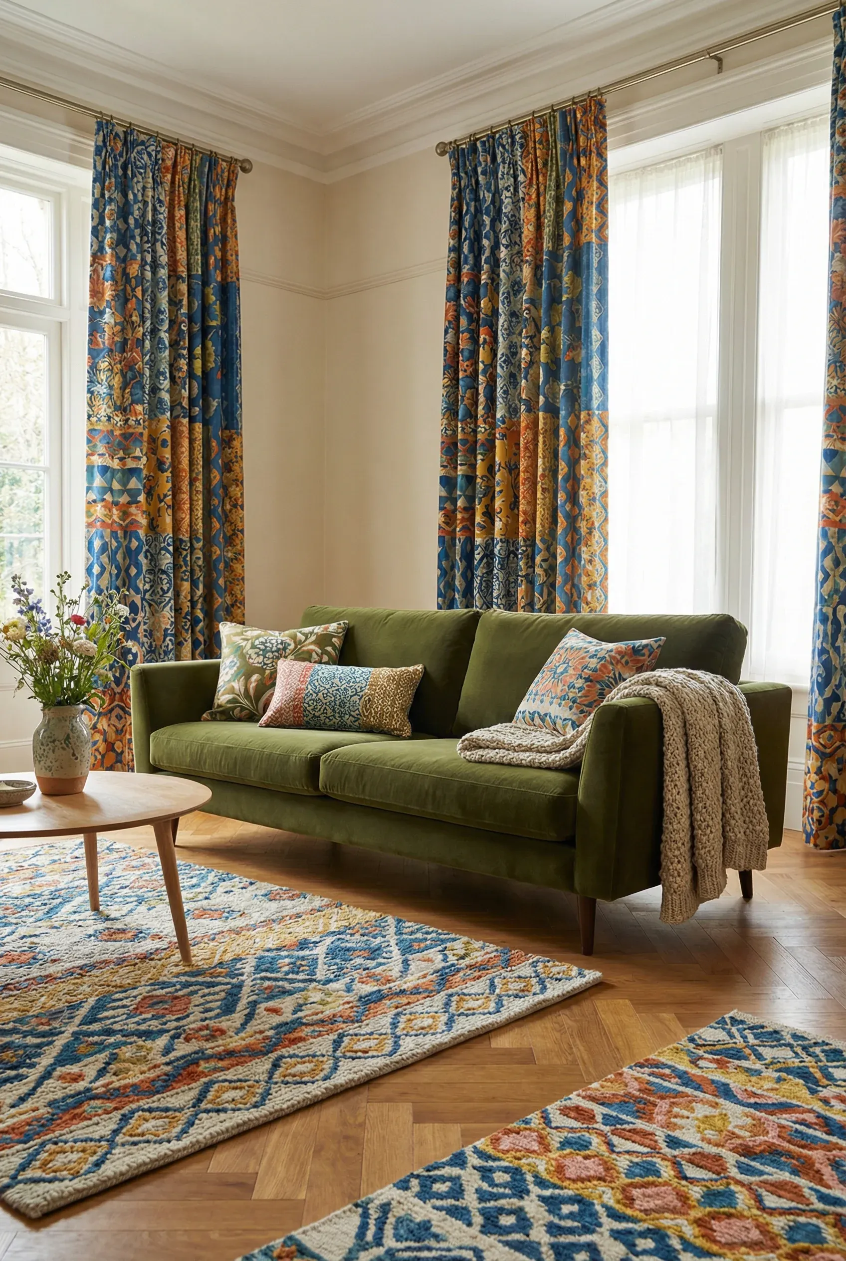 Olive green couch with bold patterns in curtains and rugs in a vibrant living room.