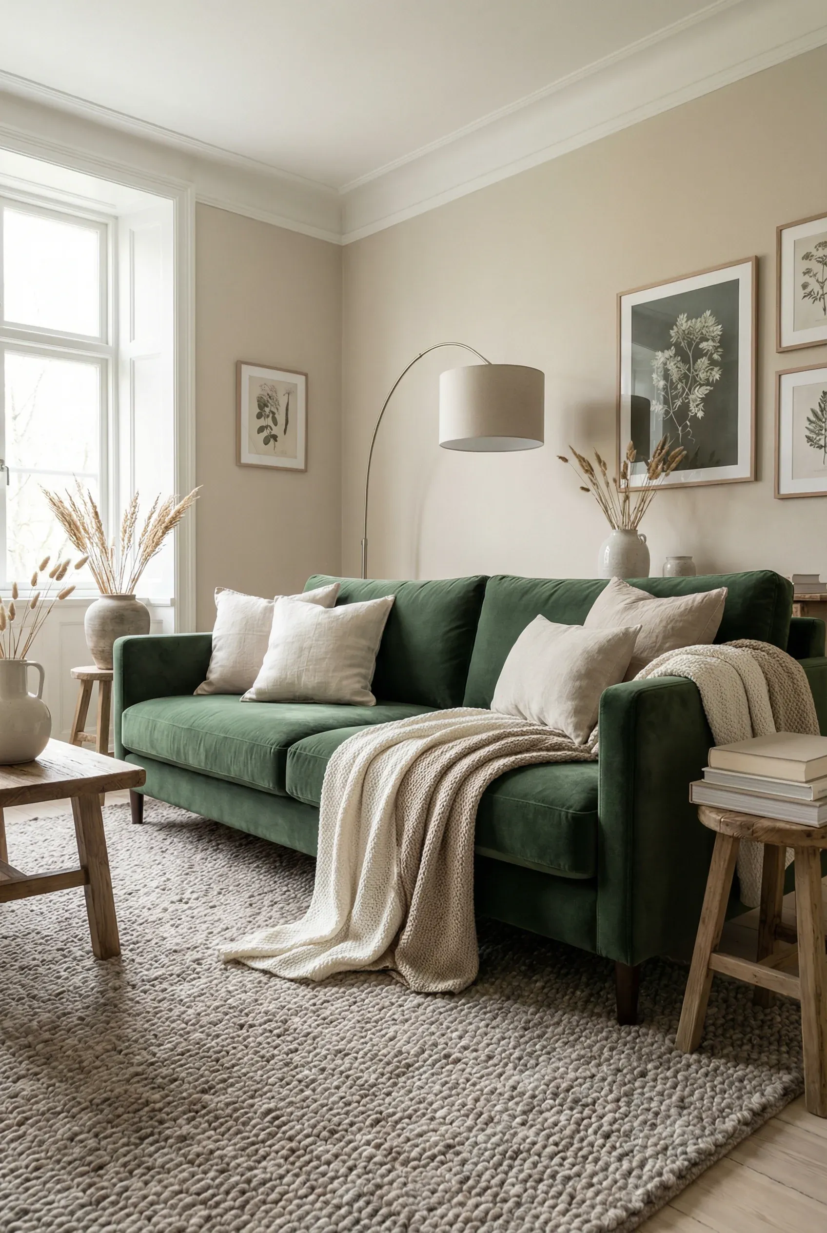 Serene living room with green velvet sofa and soft neutral decor elements.