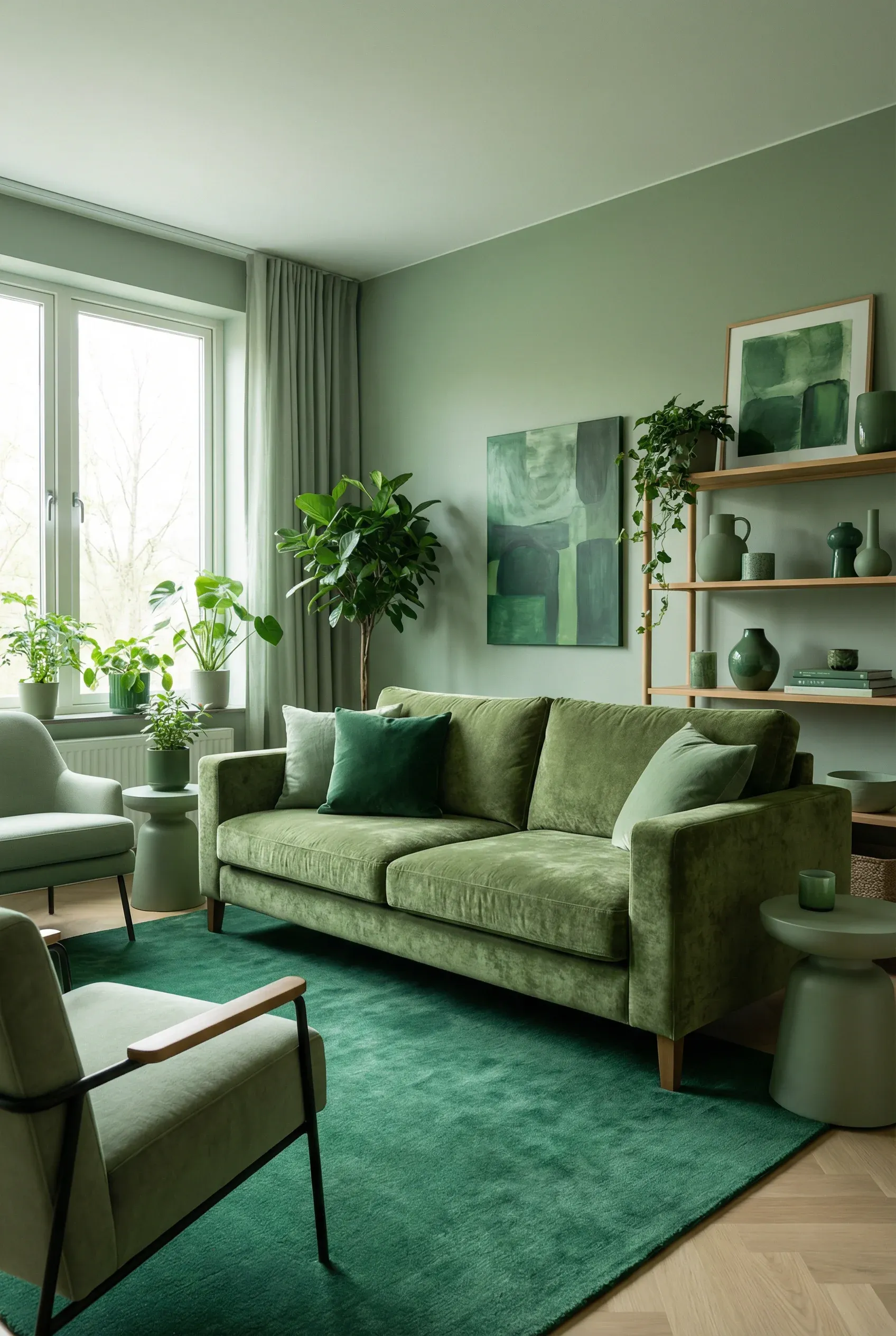 Monochromatic living room with various shades of green centered around a moss green sofa.