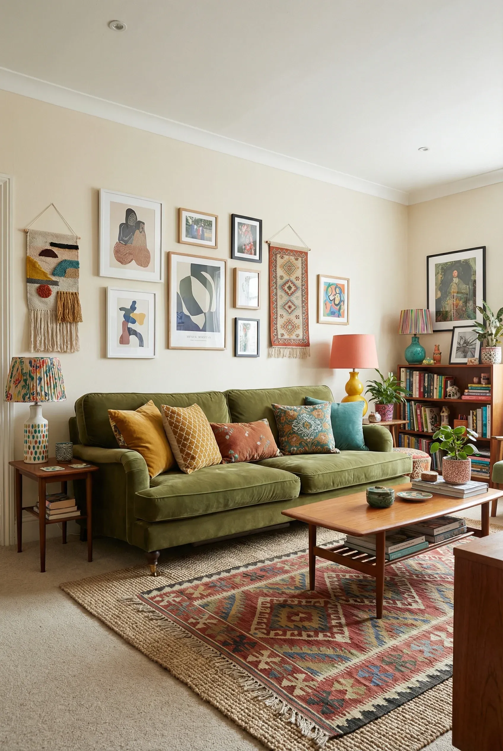 Eclectic living room with olive green couch surrounded by a mix of vintage and modern decor.