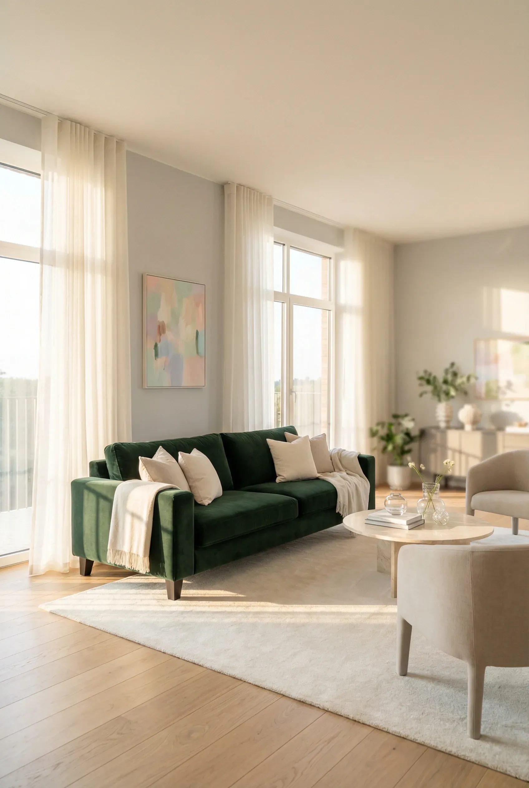 Luxurious living room featuring a dark green sofa with lighter decor elements.