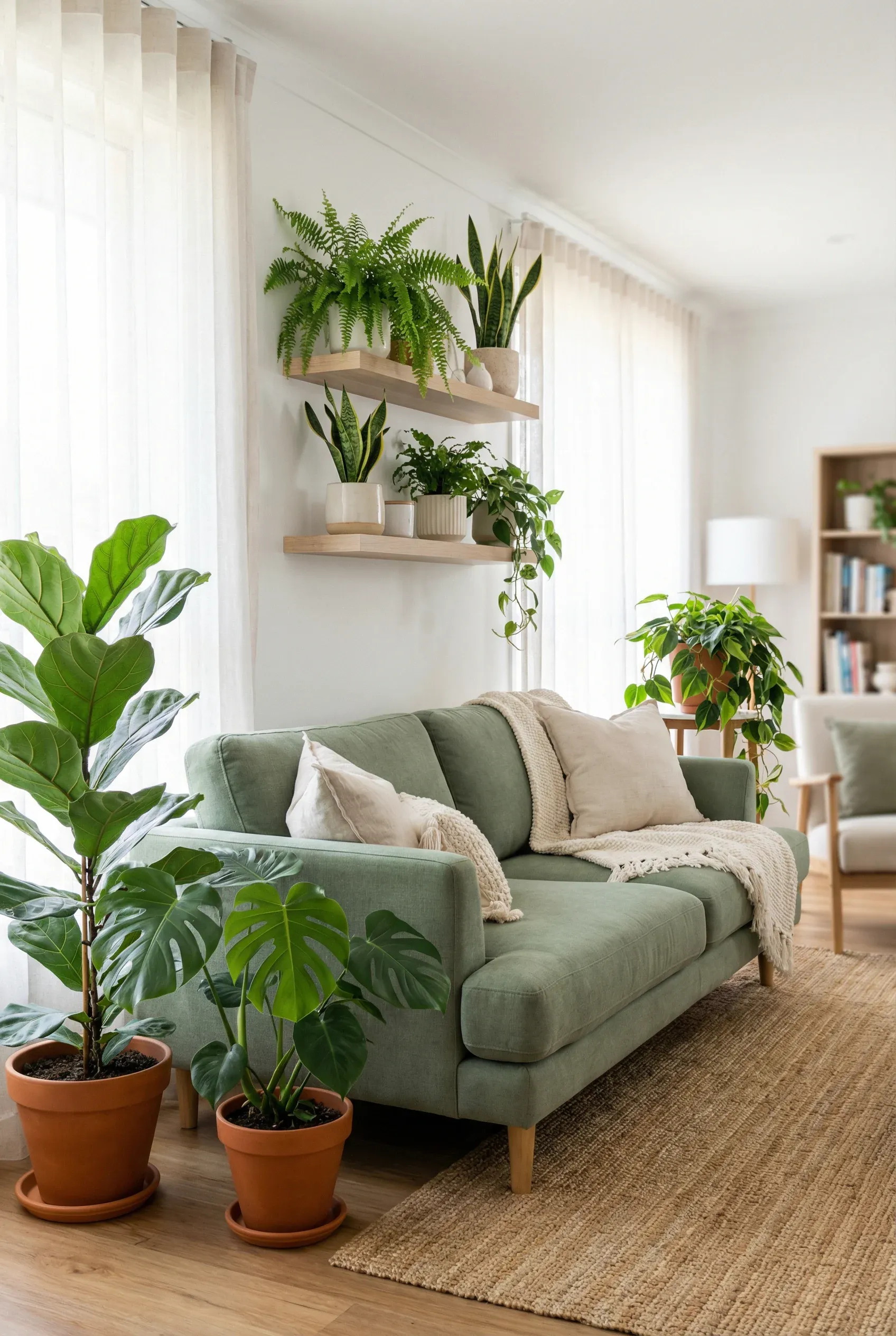 Stylish living room with a sage green sofa surrounded by various indoor plants.