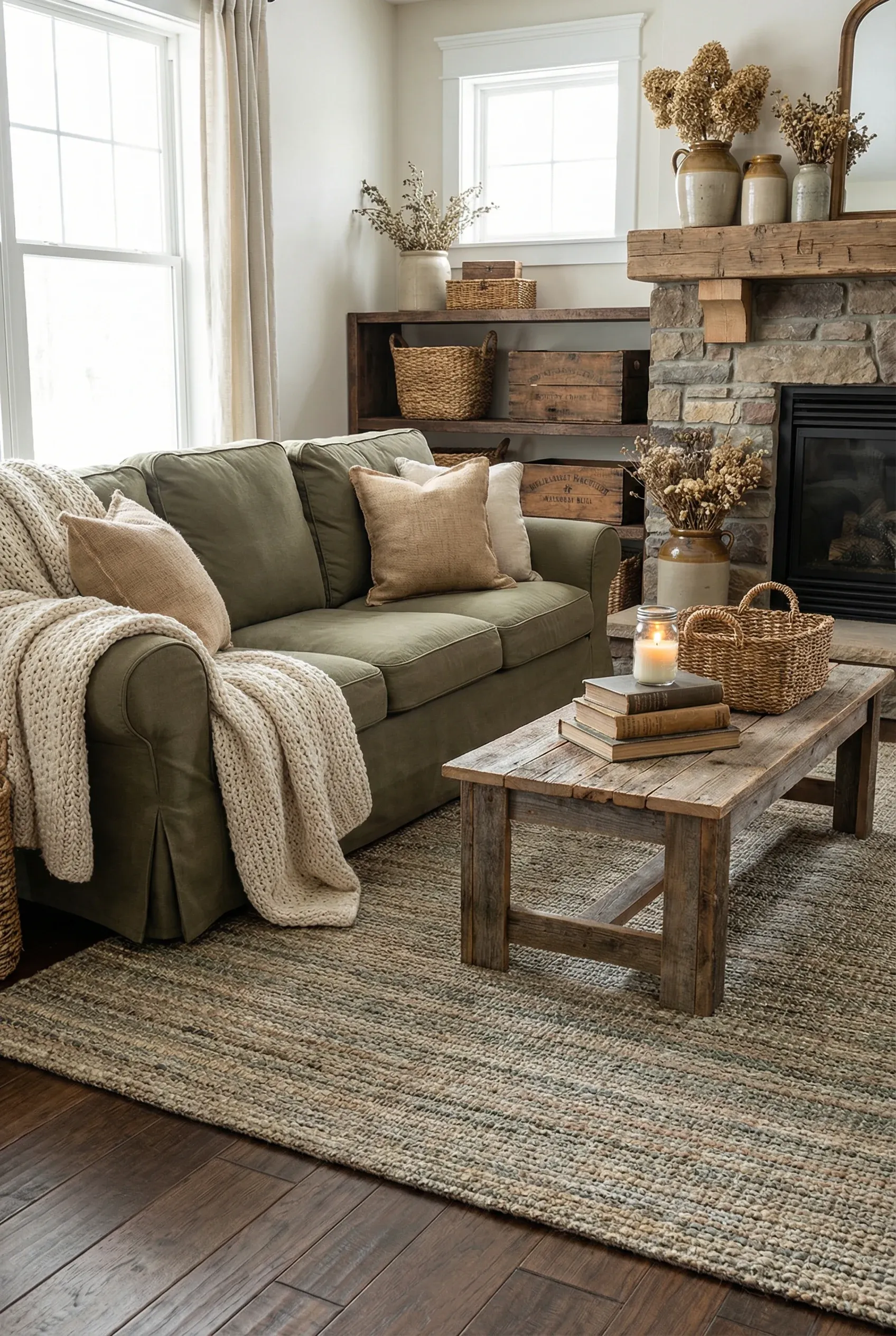 Rustic living room featuring an olive green couch with farmhouse elements.