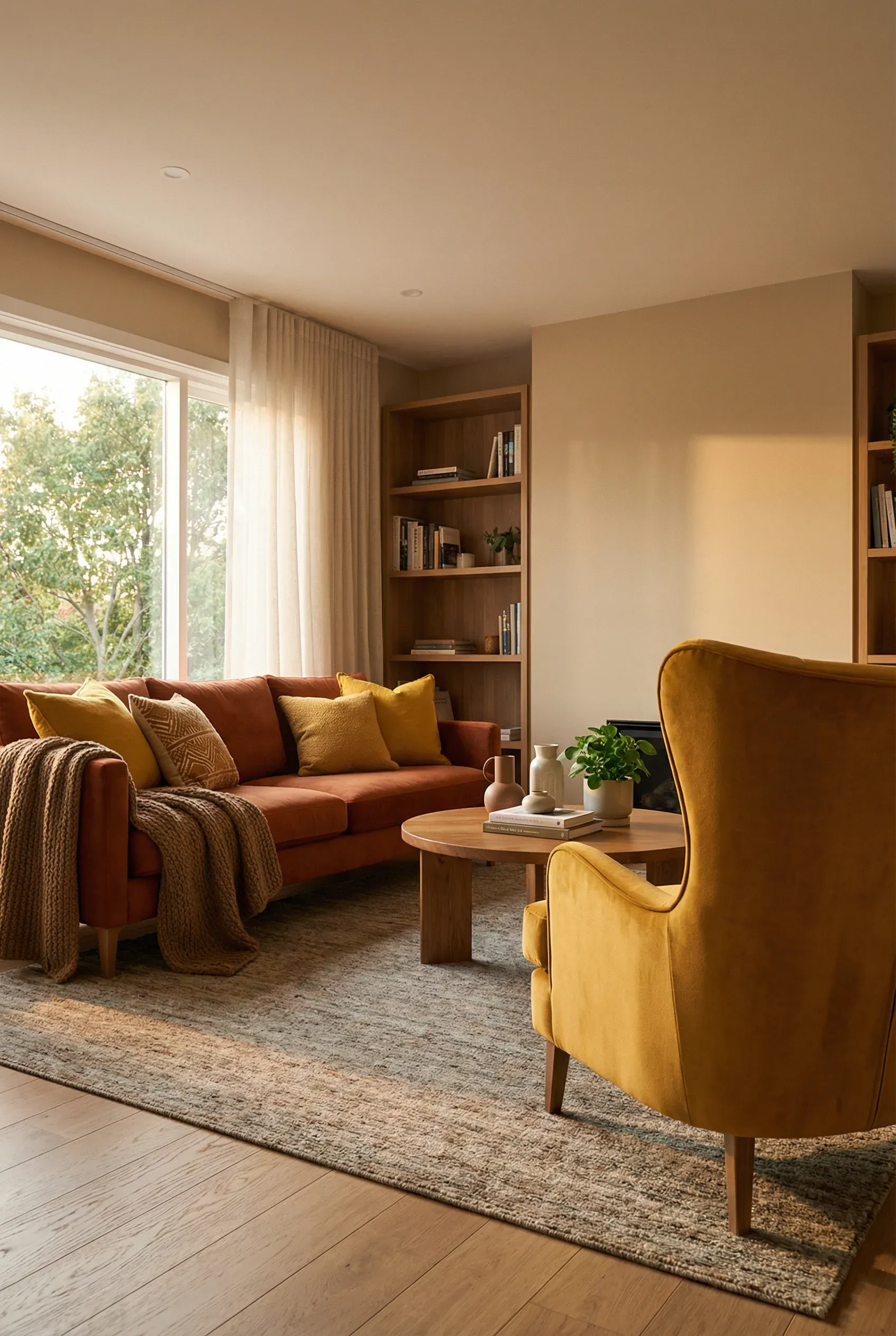 Cozy living room with earthy tones and mustard yellow accents.