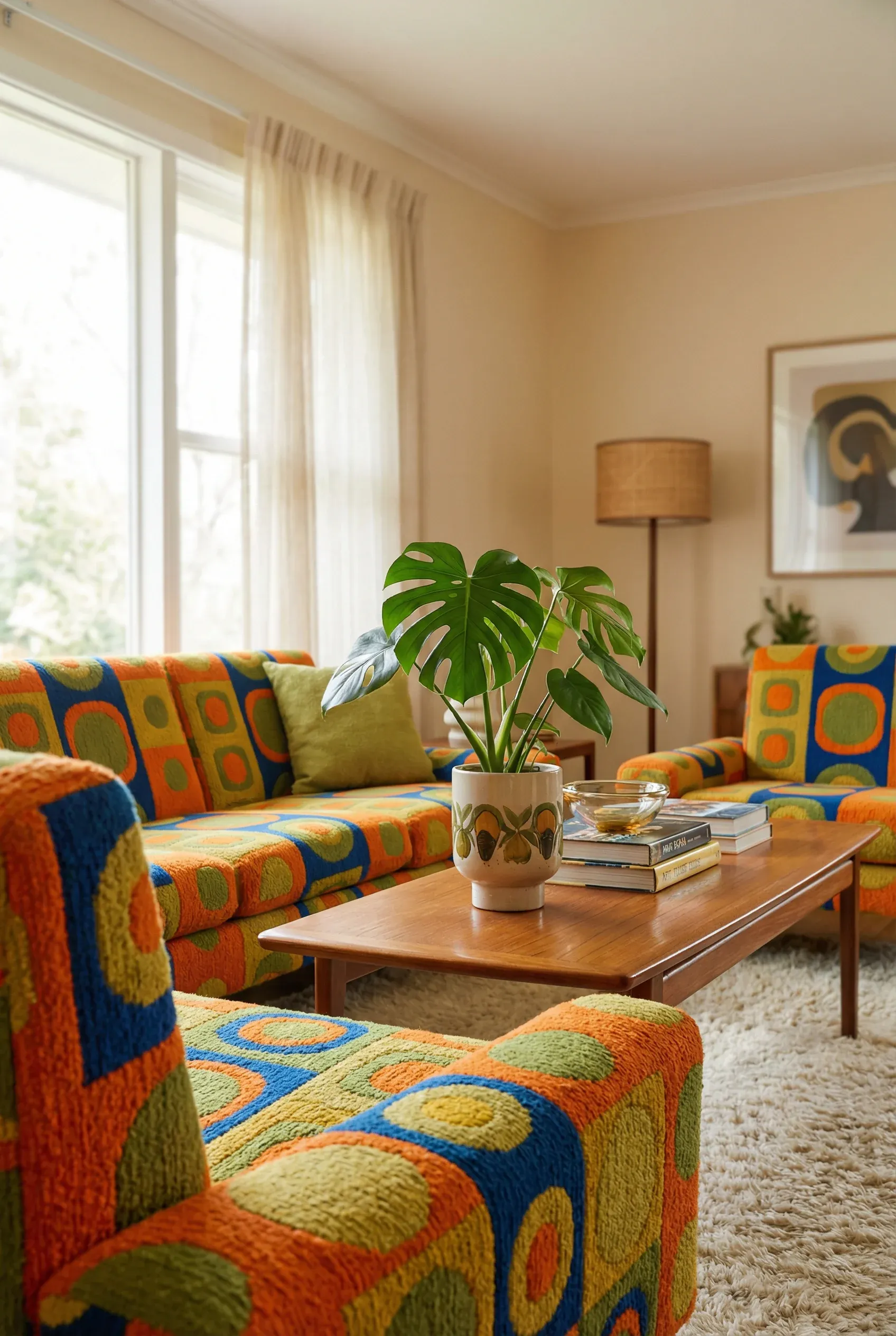 Living room showcasing bold geometric patterns on furniture.