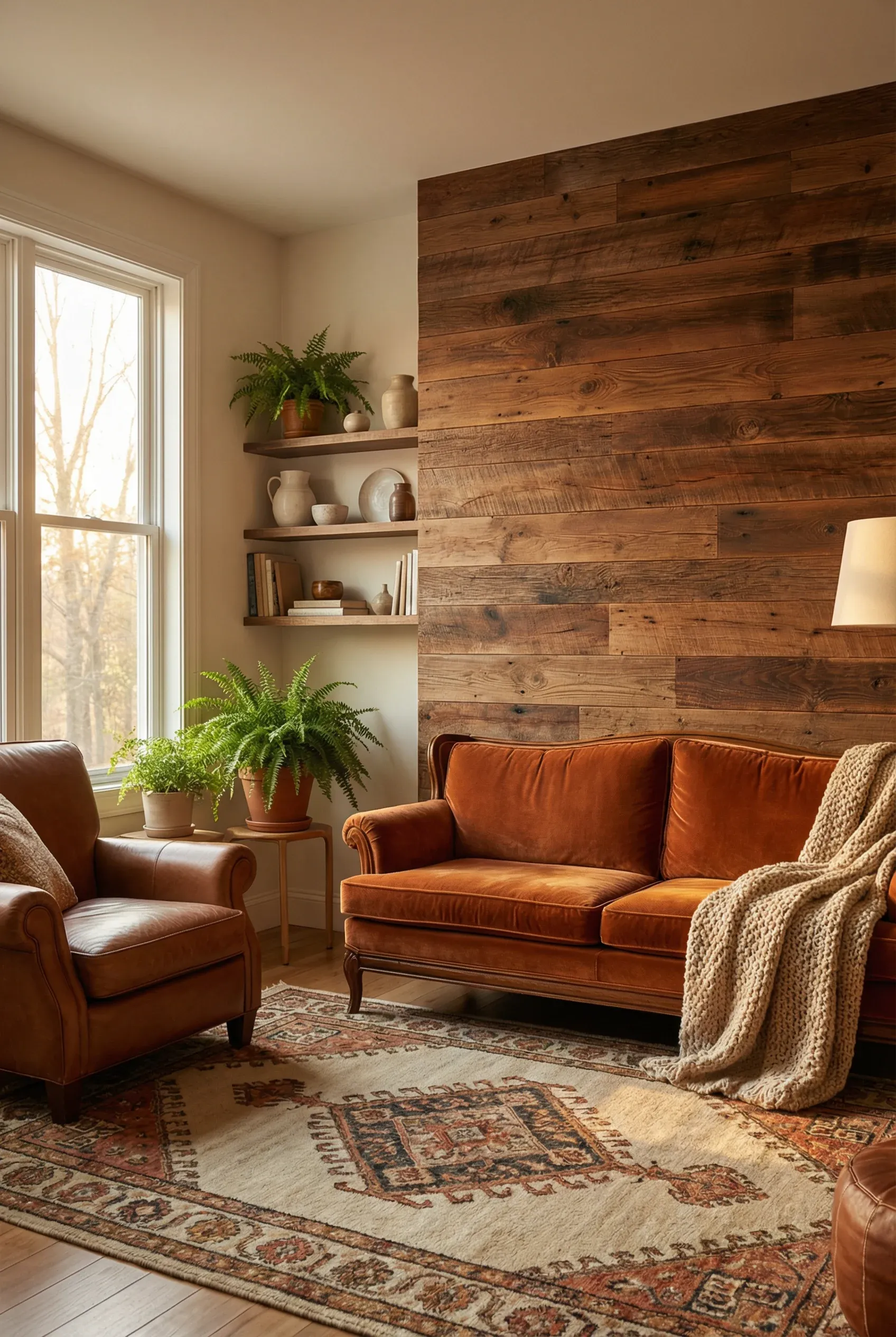 Living room with wood paneling creating a warm atmosphere.