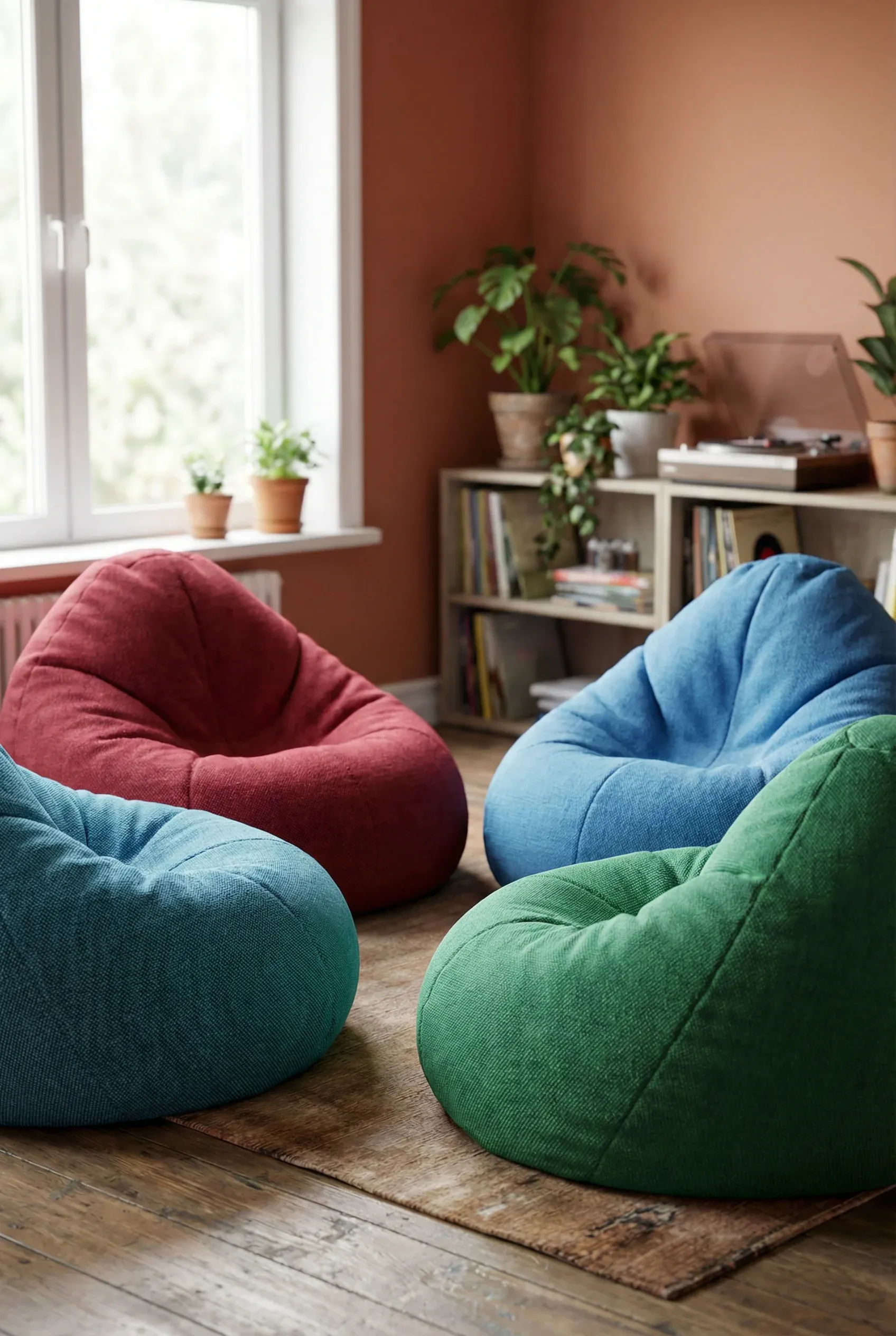 Cozy corner of a living room with colorful bean bag chairs.