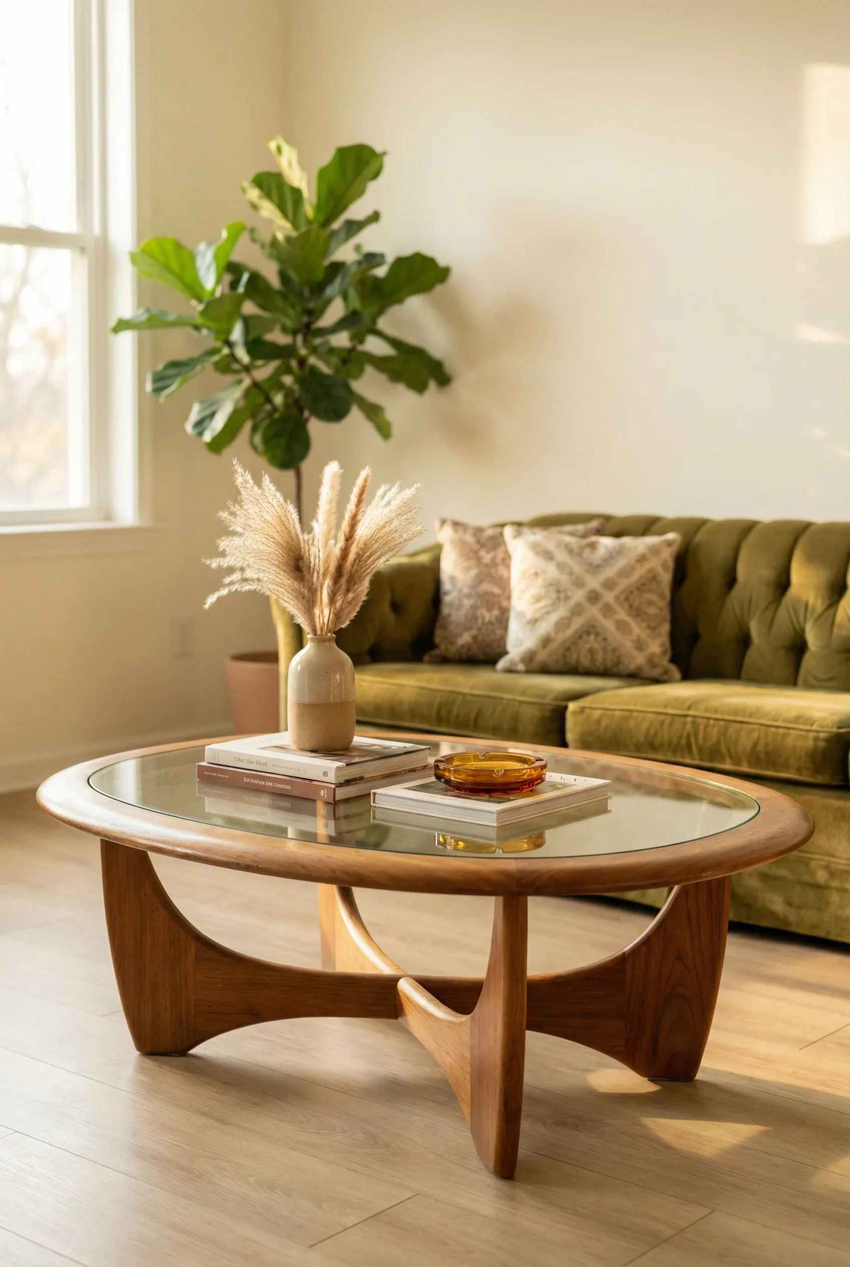 Living room featuring a retro coffee table with curved edges.