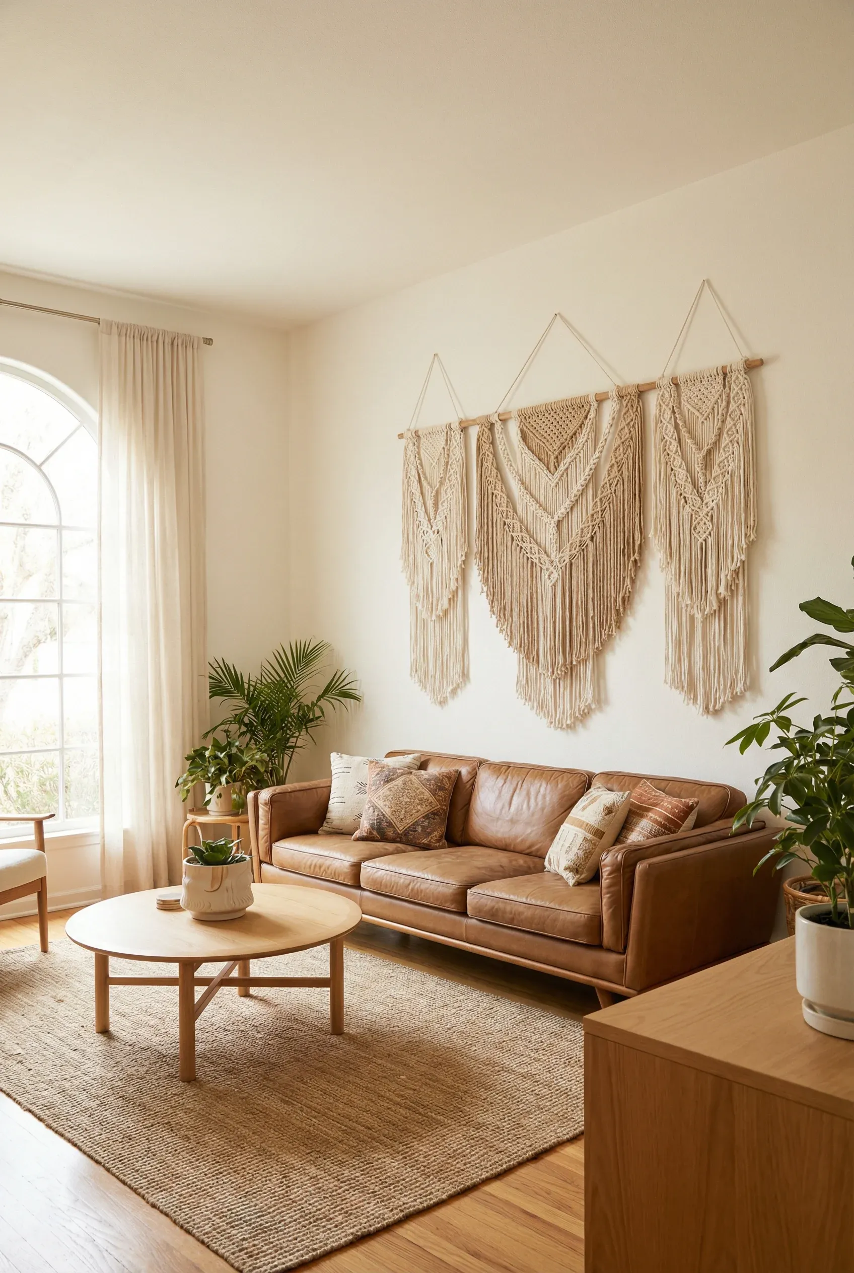 Living room adorned with macramé wall hangings for texture.