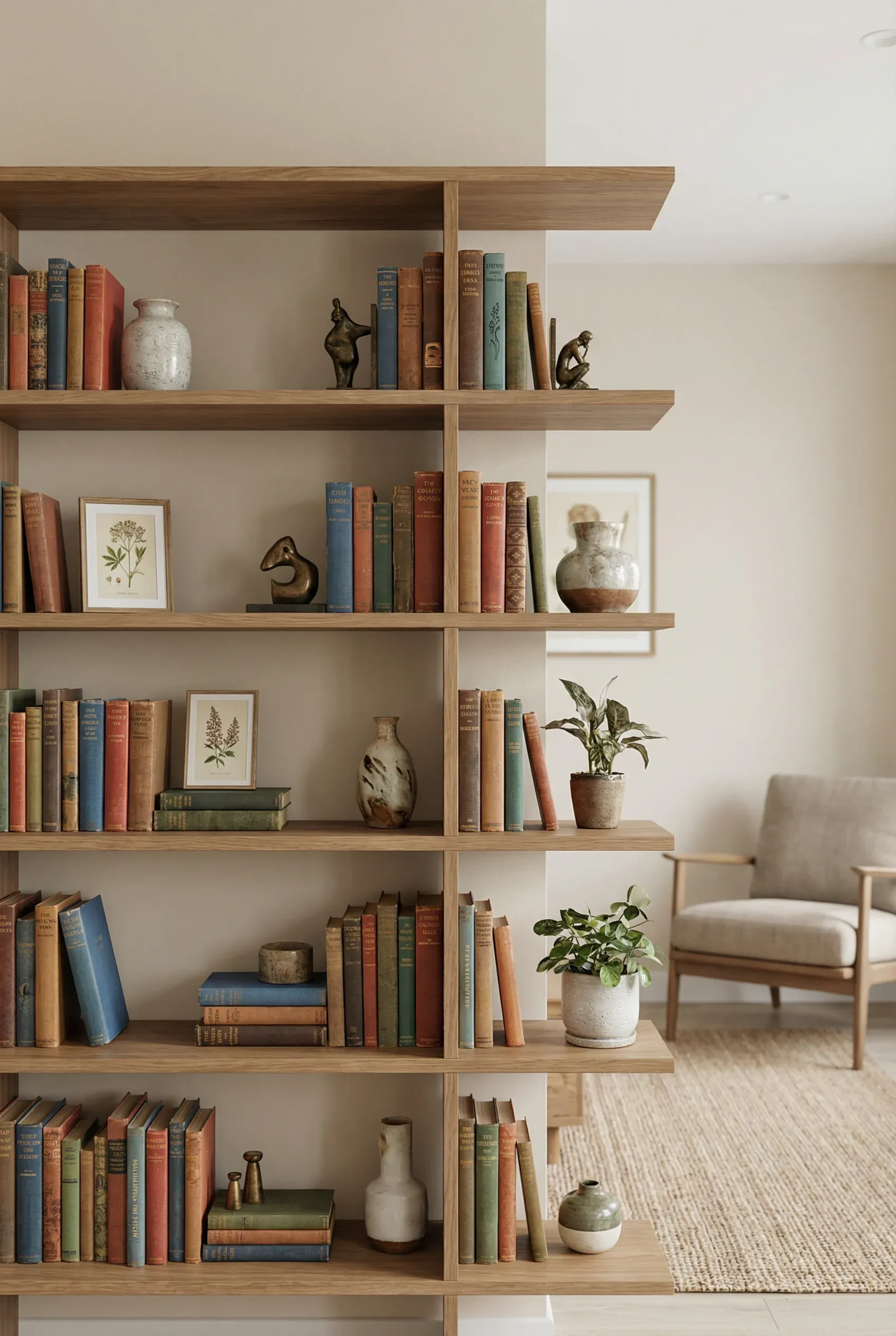Living room with open shelving displaying vintage books and decor.