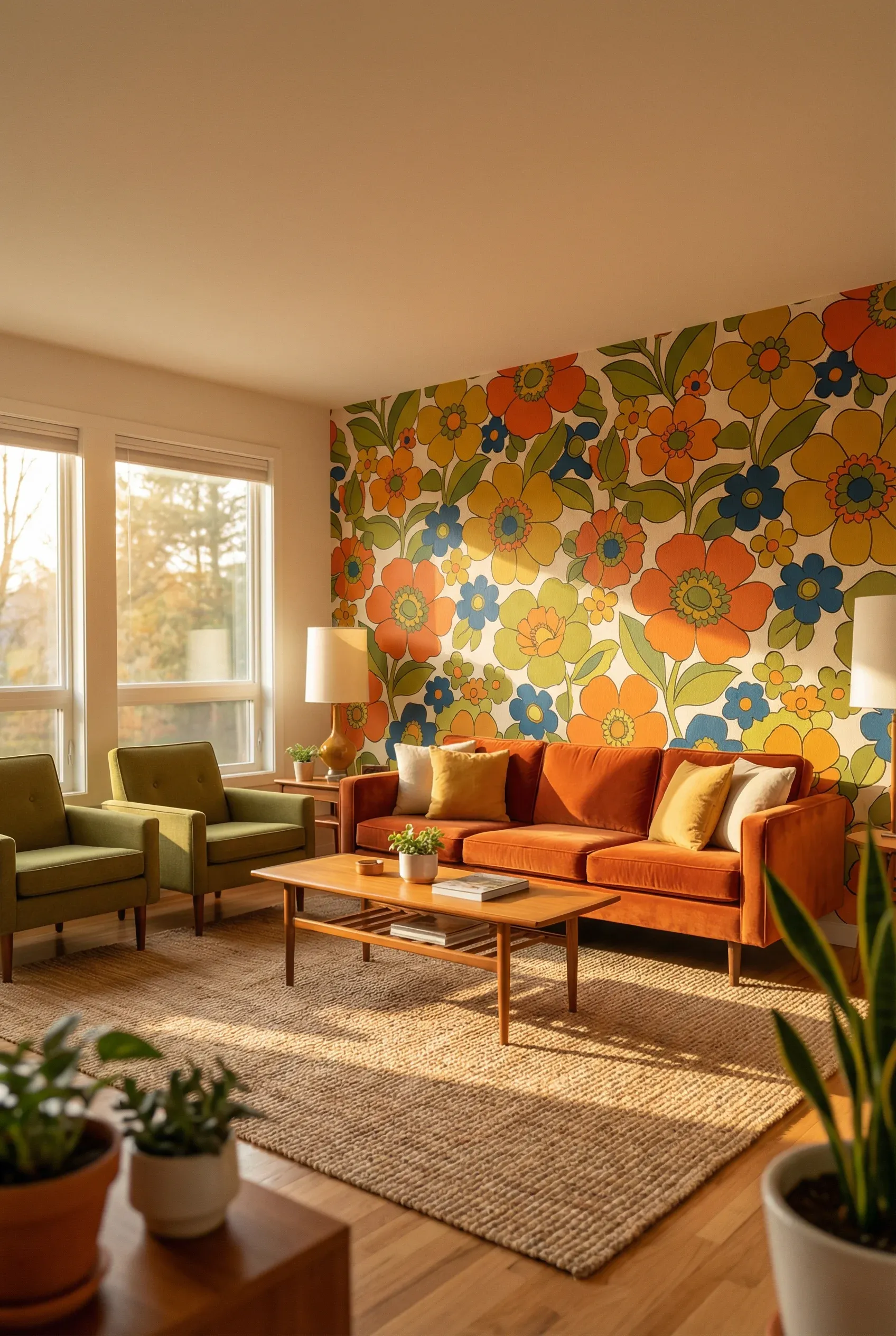 A vibrant living room with a statement wall featuring bold floral wallpaper.