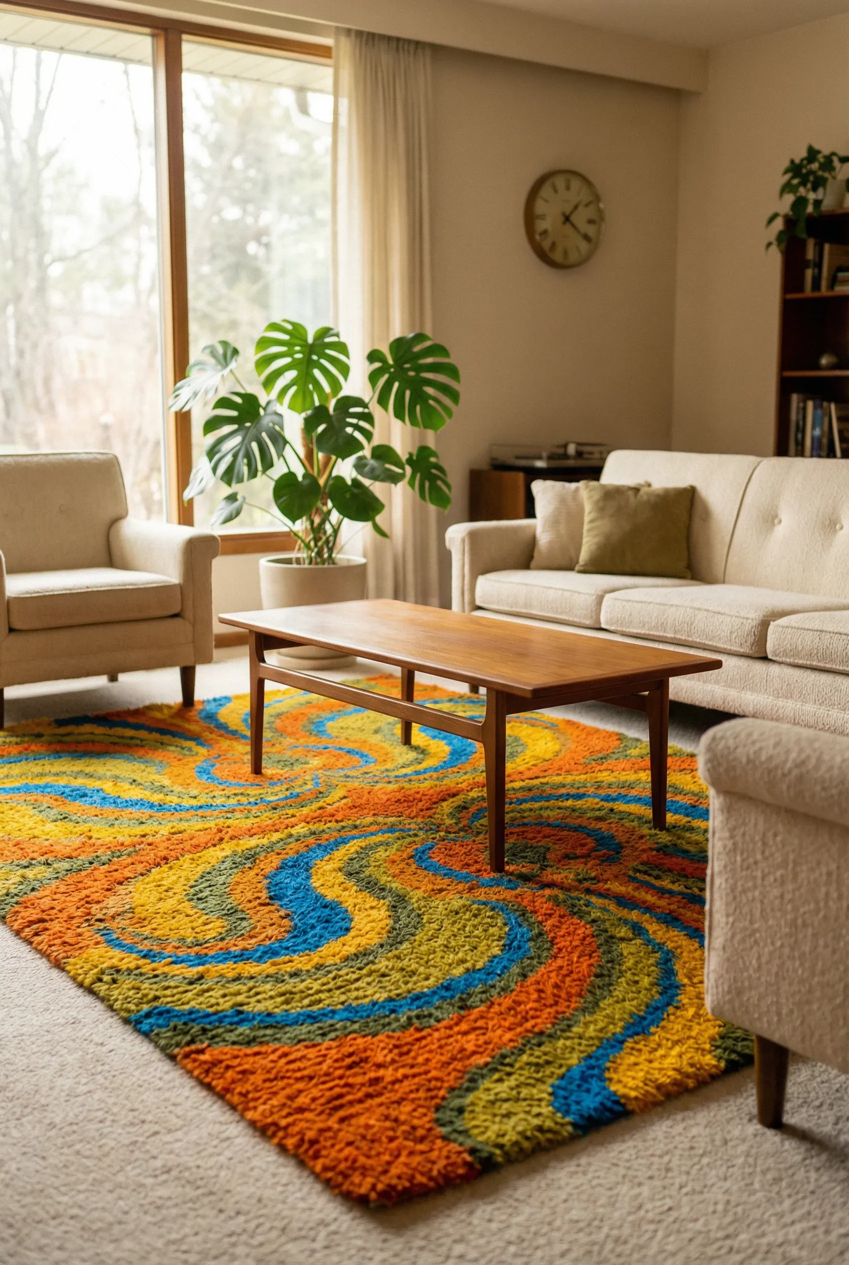 A cozy living room with a brightly colored area rug featuring funky designs.