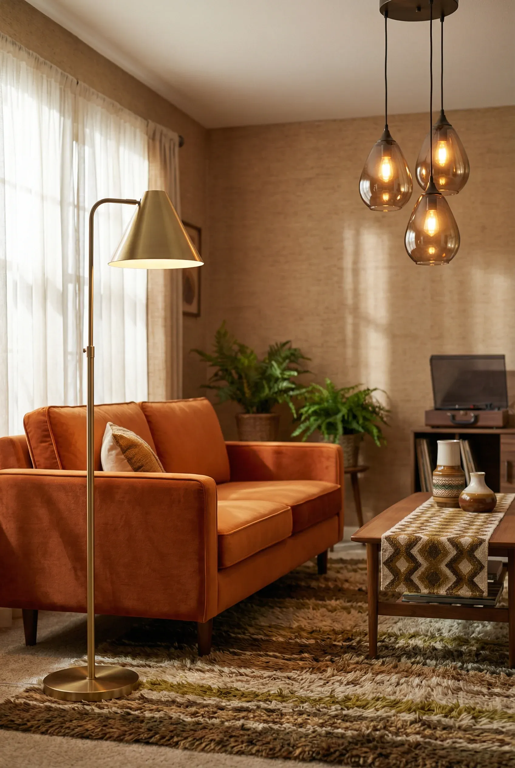 A stylish living room with mid-century modern lighting fixtures enhancing the decor.