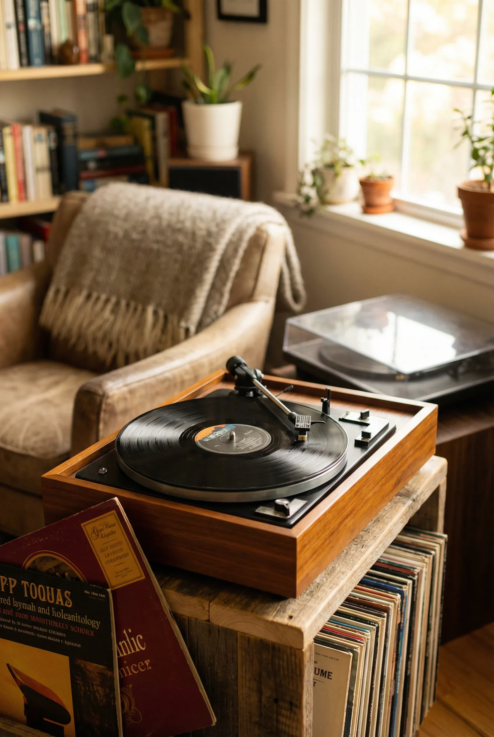 A cozy living room corner featuring a vintage record player setup.