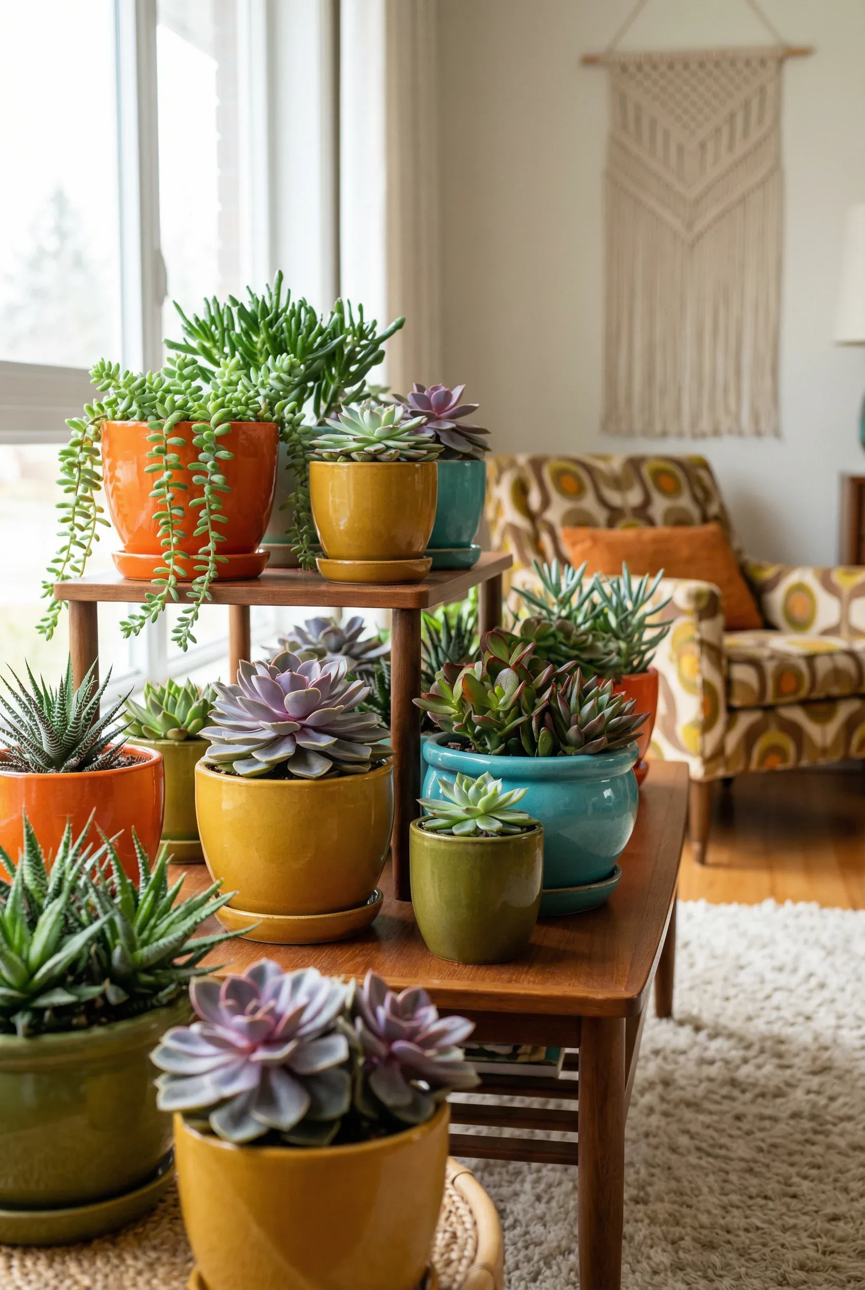 A vibrant display of succulent plants in colorful pots in a living room.