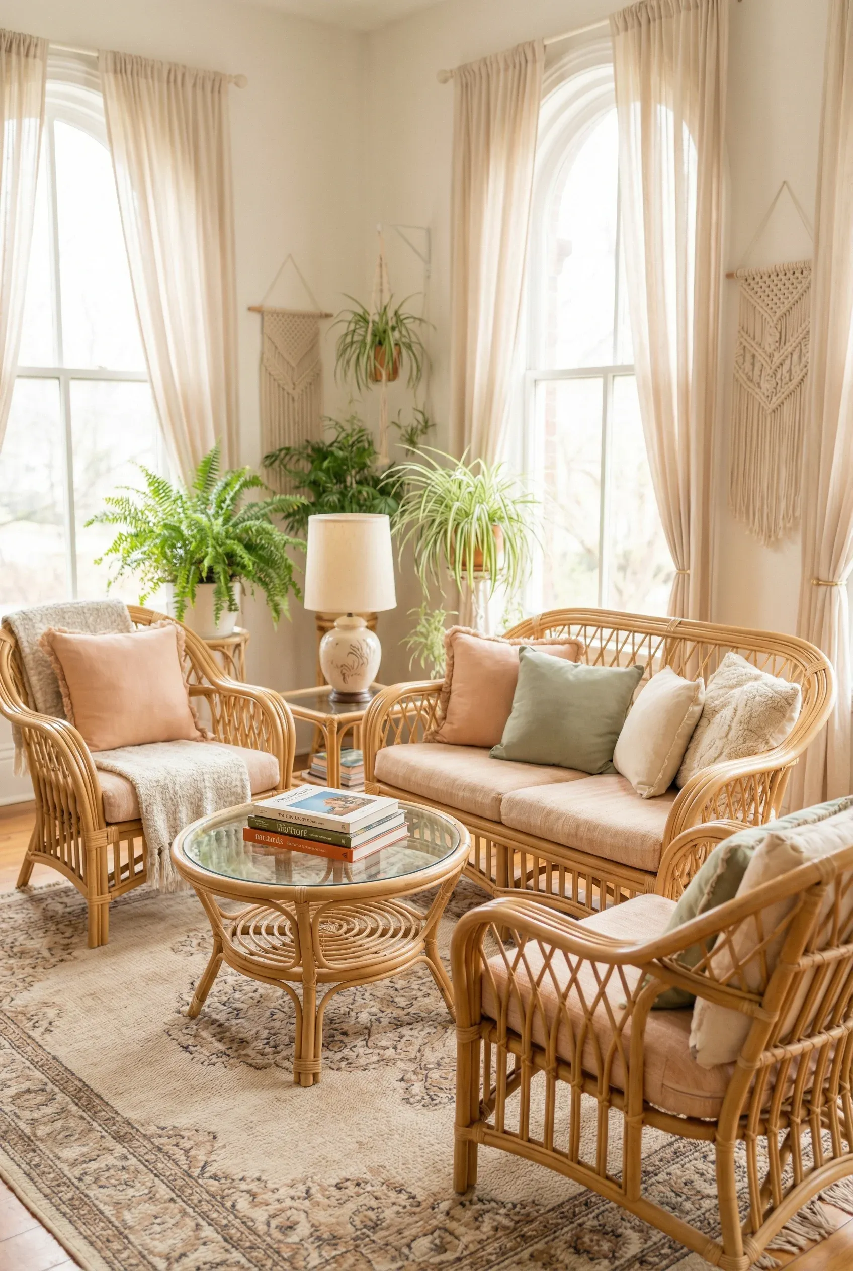 A stylish living room featuring wicker furniture for an airy feel.
