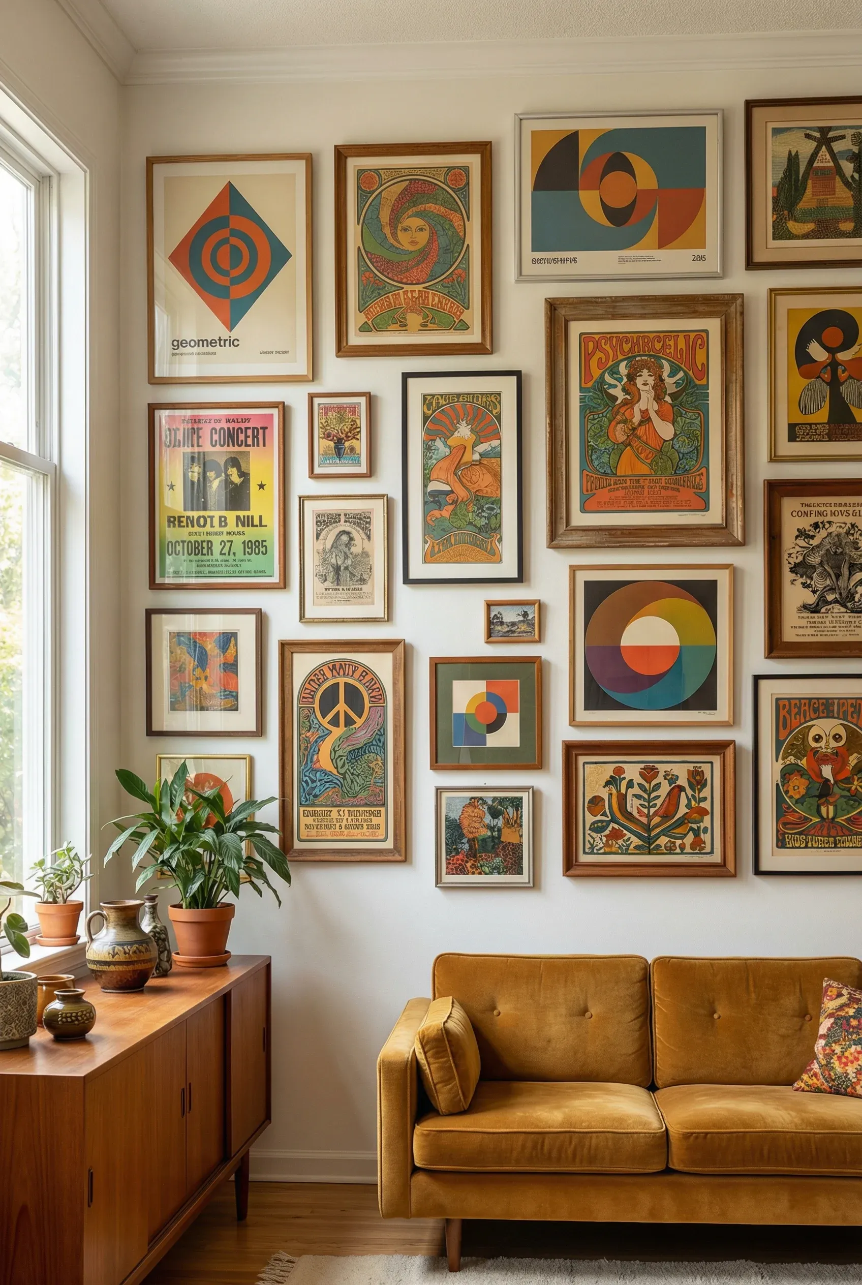 A gallery wall in a living room adorned with framed 70s art prints.