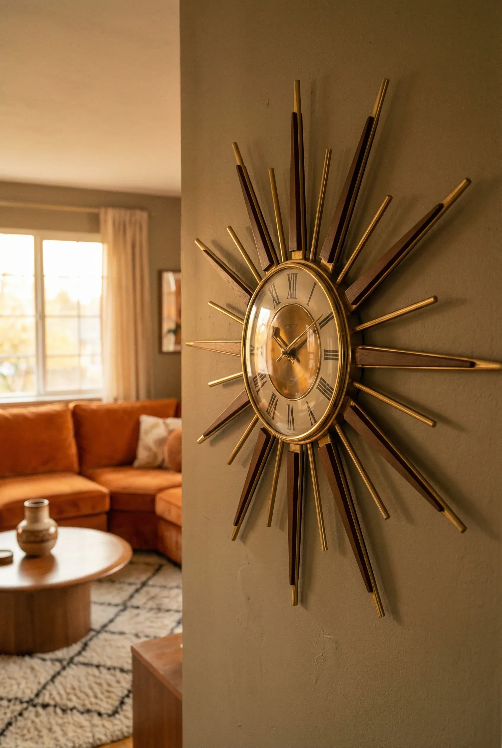 A vintage sunburst clock as a focal point in a modern 70s living room.