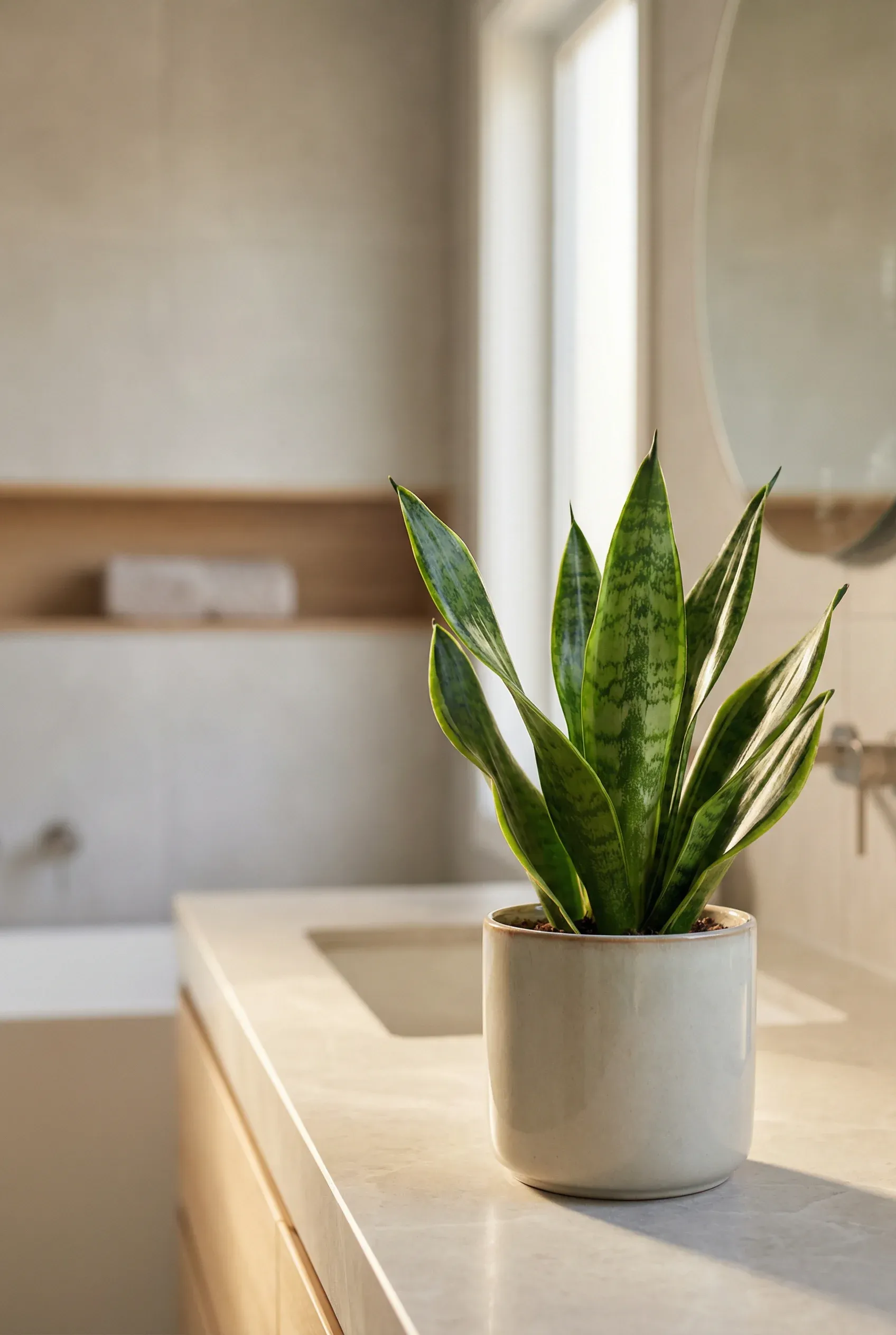 Close-up of a Snake Plant in a modern bathroom setting.