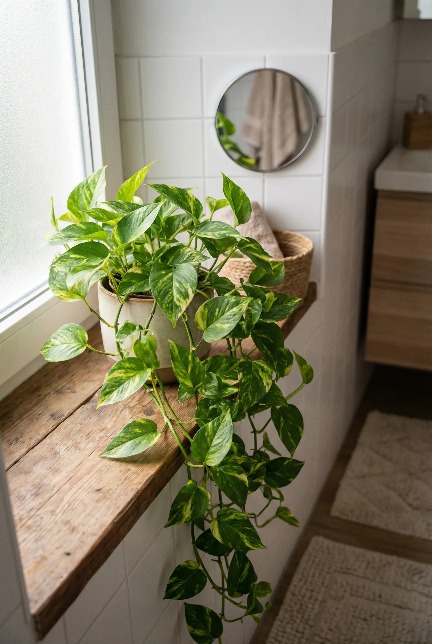 Vibrant Pothos plant cascading from a decorative pot in a cozy bathroom.