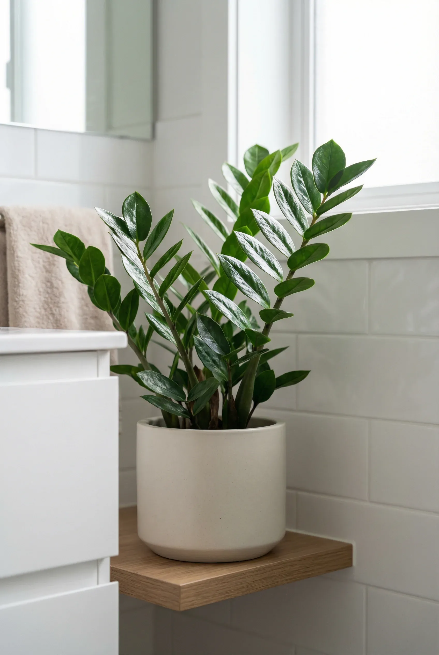 Stylish ZZ Plant displayed in a modern bathroom corner.