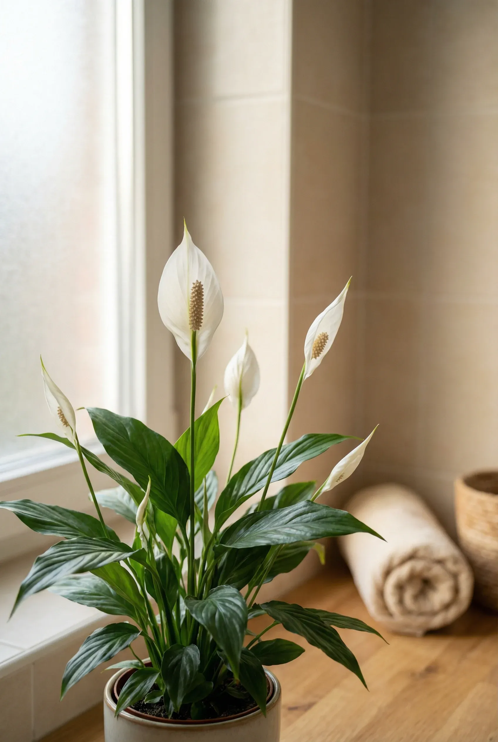 Peace Lily with elegant blooms in a softly lit bathroom.
