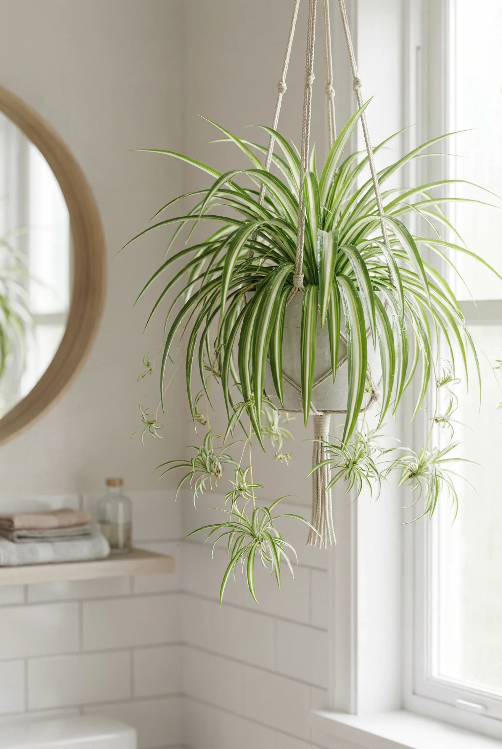 Spider Plant elegantly hanging in a bathroom with playful leaves.