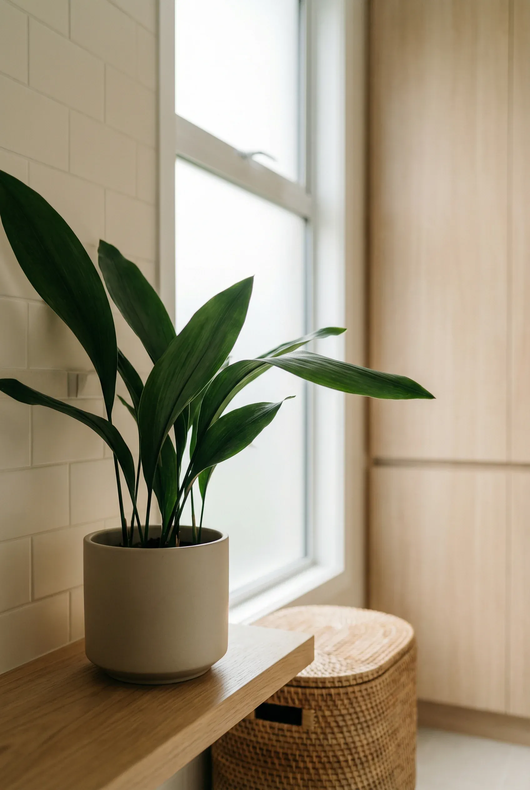 Cast Iron Plant positioned in a modern bathroom.
