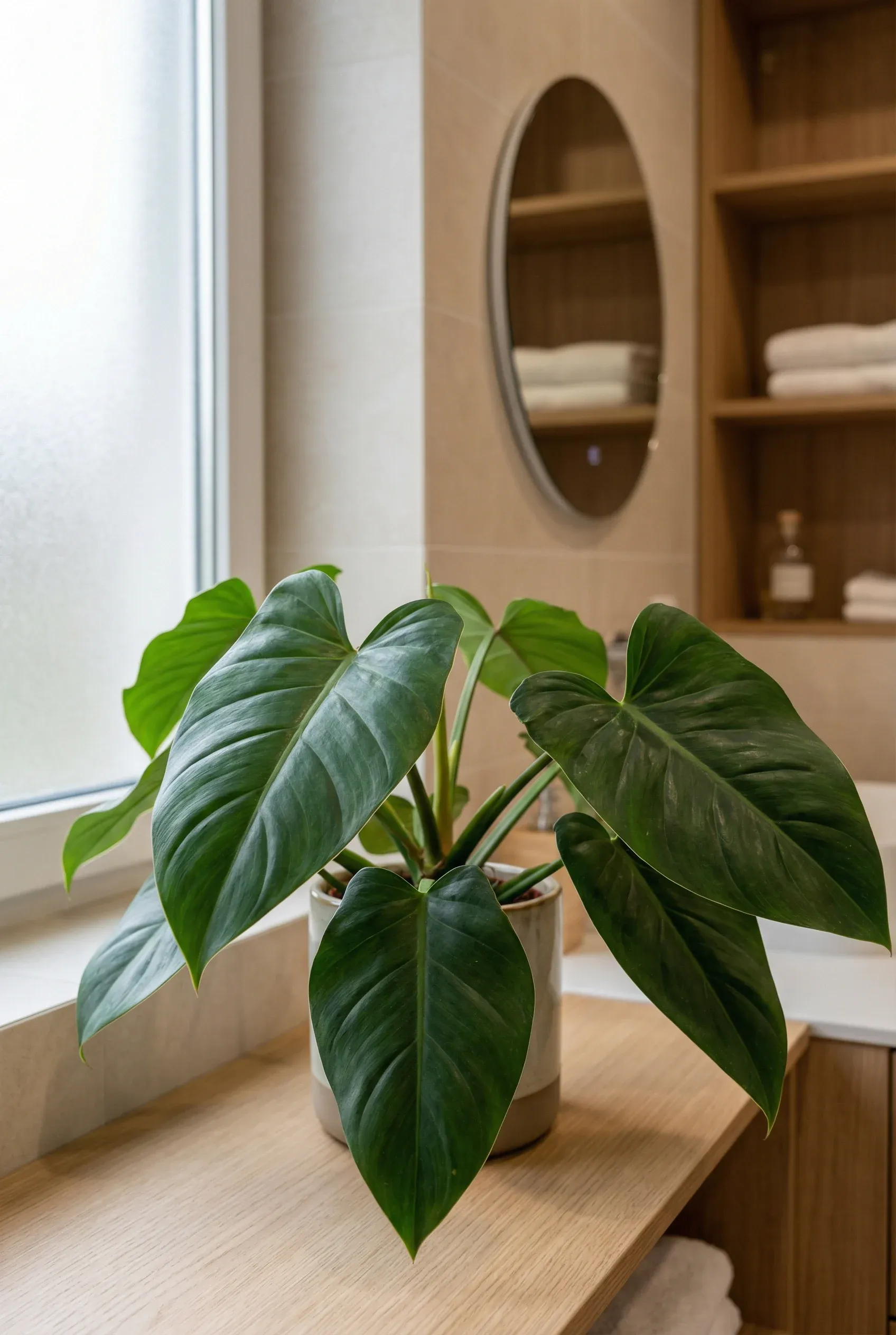 Philodendron showcasing lush foliage in a stylish bathroom.