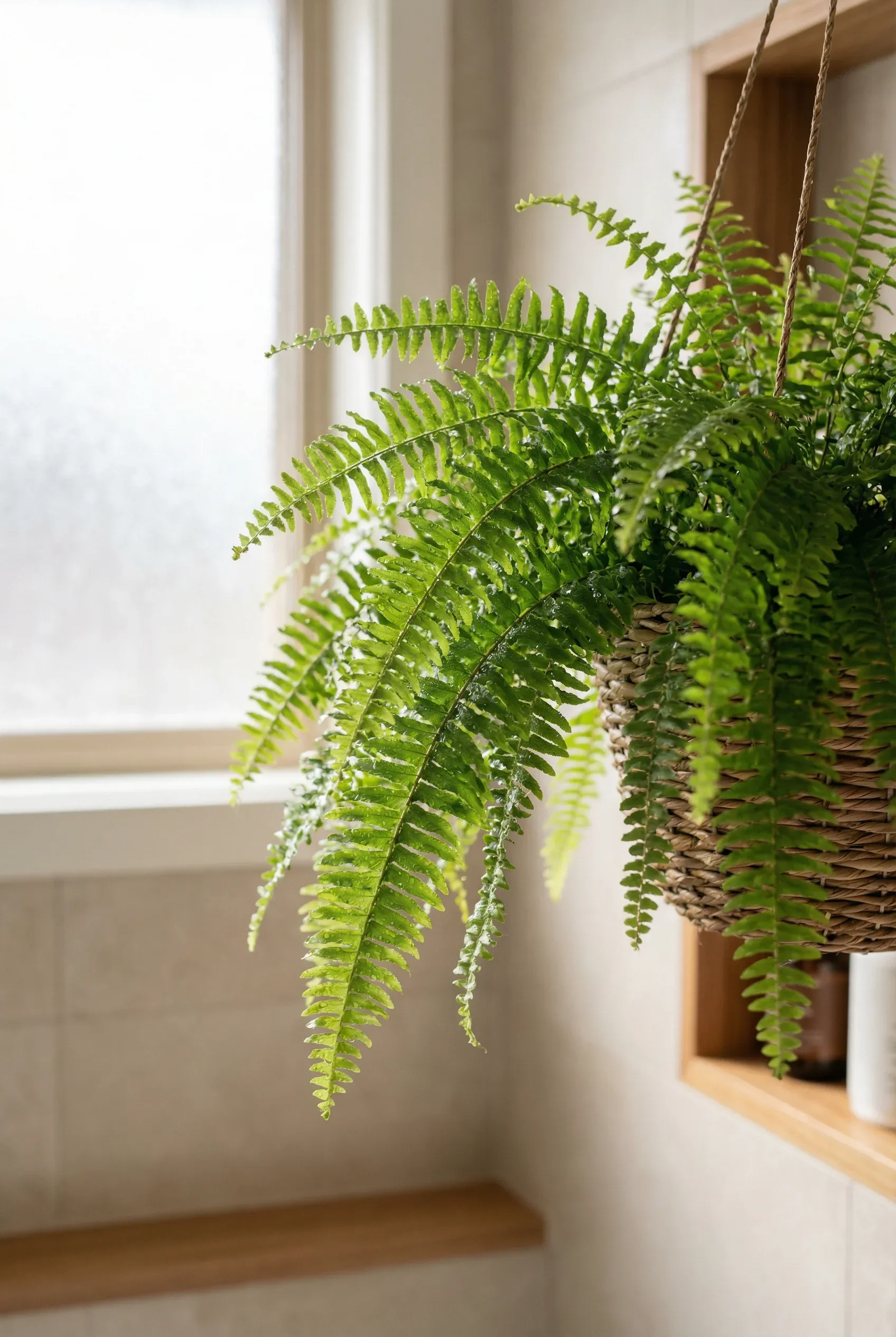 A close-up of a Boston Fern in a hanging basket, highlighting its vibrant green fronds.