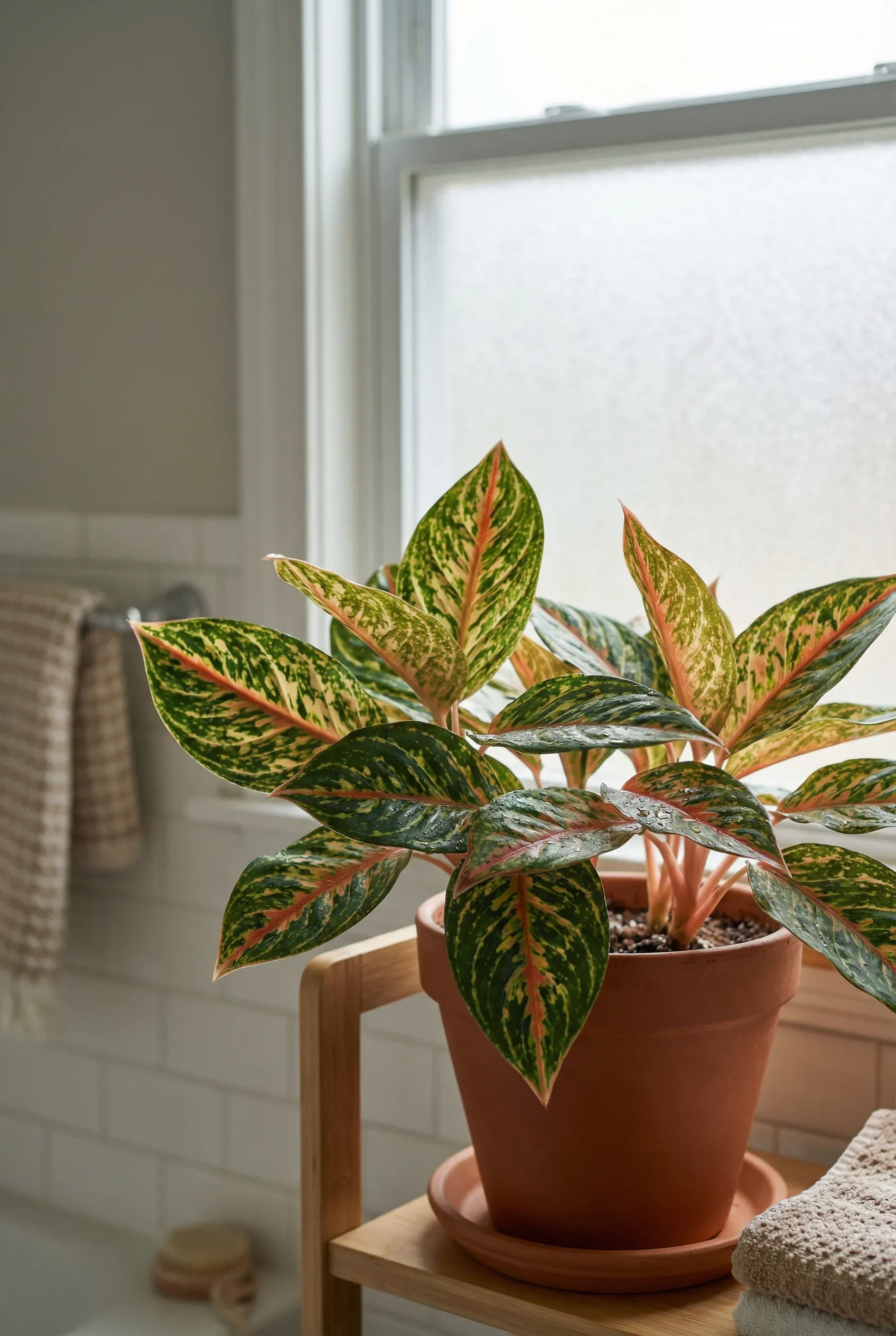 A close-up of a colorful Chinese Evergreen plant in a small bathroom.